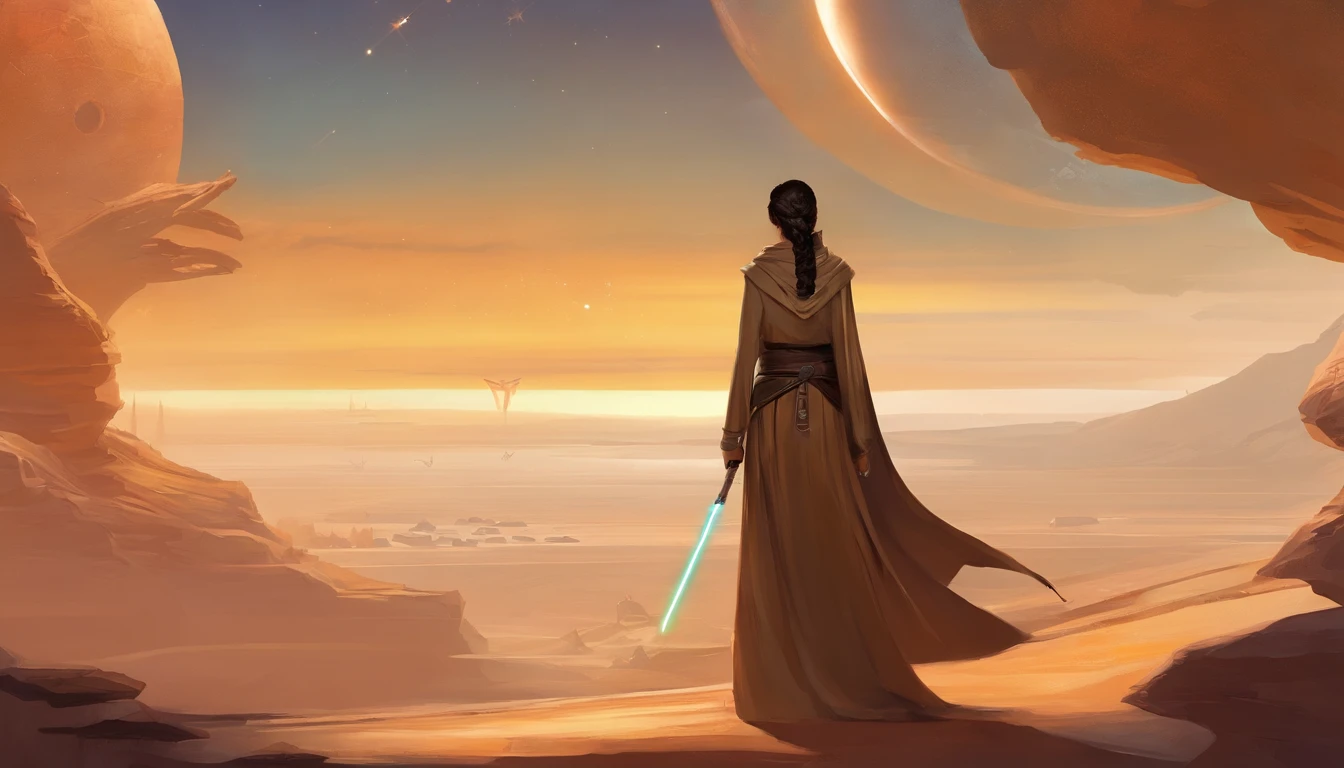 Arte conceitual de personagem ilustrada de uma mulher humana cavaleiro Jedi, Guerra nas Estrelas, slender physique, Braided wild brown hair blows in the wind, Jedi robes and tunic, black belt, carregando dois sabres de luz turquesa, altamente detalhado, estabelecendo tiro, Arte conceitual de Star Wars, selvagem e livre