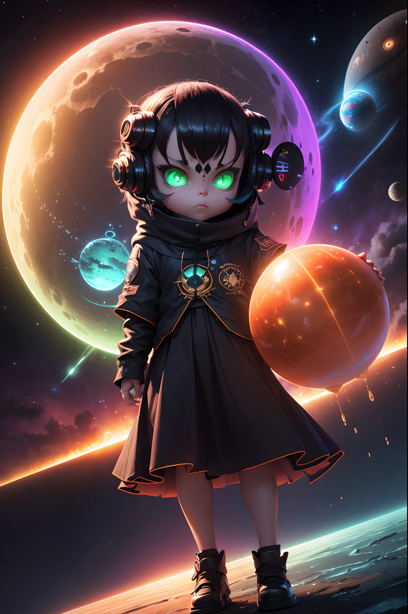 gremlin overlord, water ball, solar system, intergalactic, neon, star clusters, alien technology, warp gates, cosmic energy, Blackhole