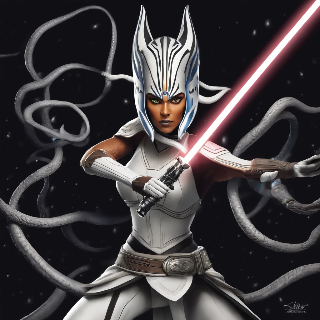 "Create a stunning illustration of Ahsoka Tano in action, with his characteristic white lightsaber and lekkus (tentacles) riding your Jedi prowess in an epic battle arena. Be sure to capture her essence and unique facial expression as she faces a challenge in the Star Wars universe."