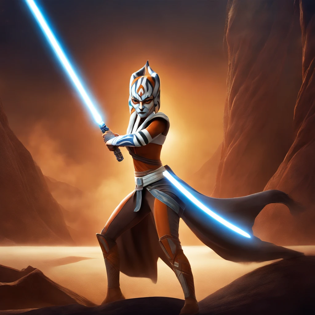 "Create a stunning illustration of Ahsoka Tano in action, with his characteristic white lightsaber and lekkus (tentacles) riding your Jedi prowess in an epic battle arena. Be sure to capture her essence and unique facial expression as she faces a challenge in the Star Wars universe."