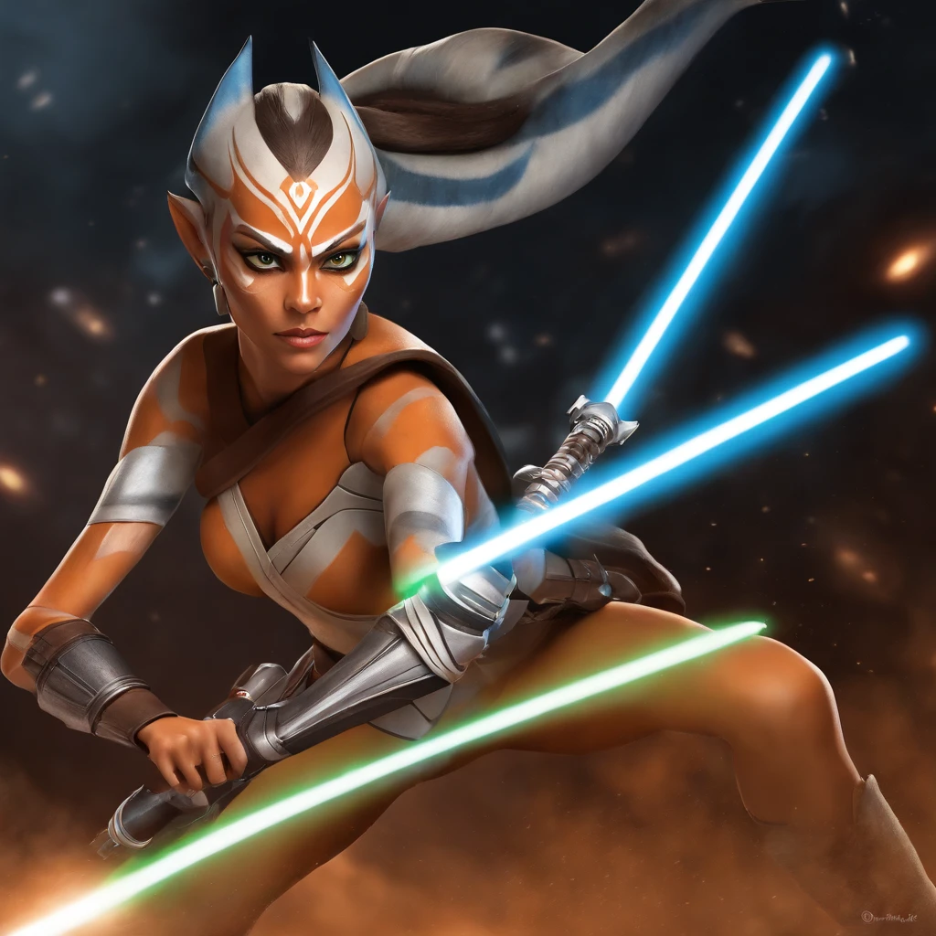 "Create a stunning illustration of Ahsoka Tano in action, with his characteristic white lightsaber and lekkus (tentacles) riding your Jedi prowess in an epic battle arena. Be sure to capture her essence and unique facial expression as she faces a challenge in the Star Wars universe."