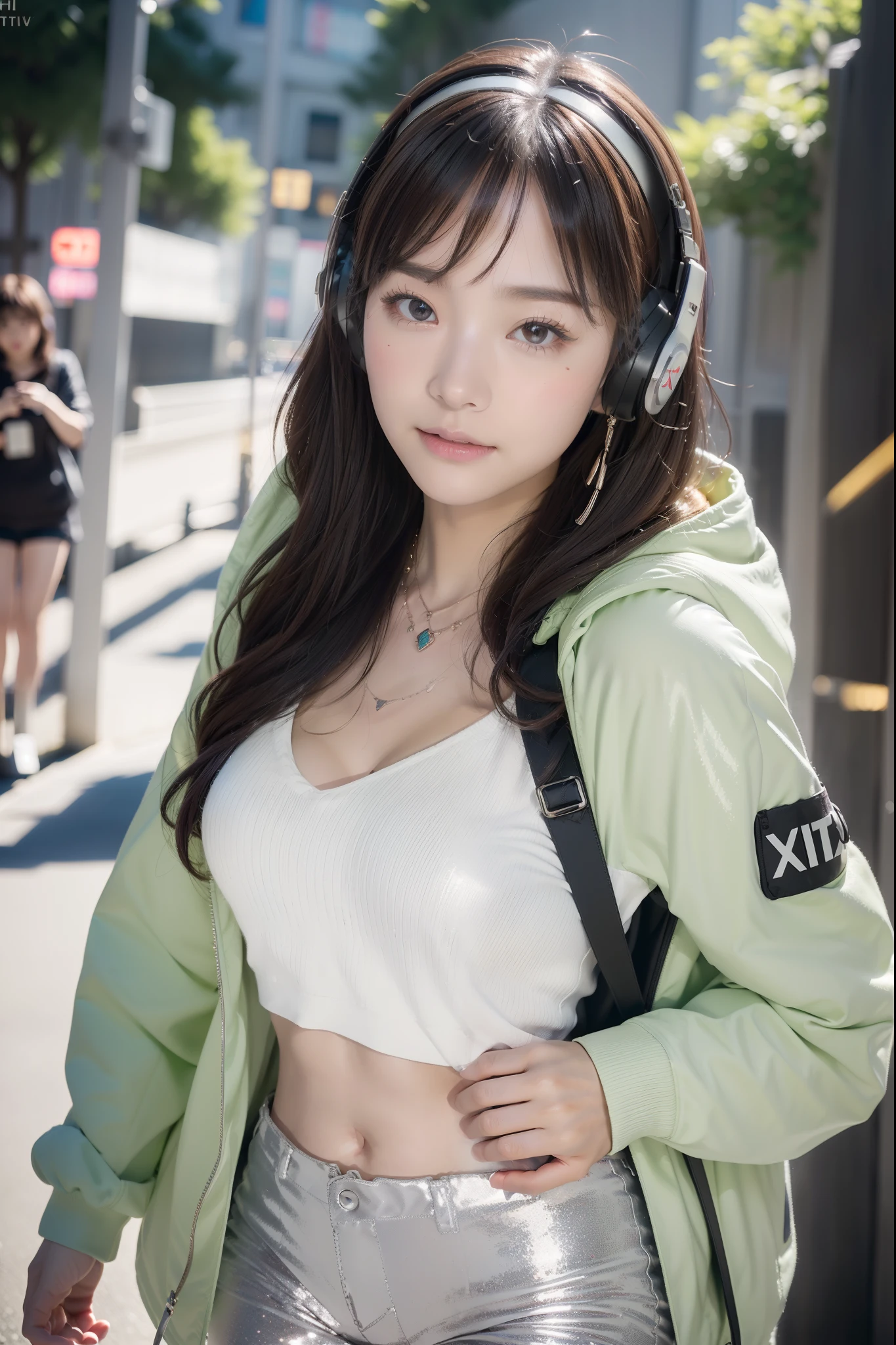 (((top-quality, 8K,超A high resolution、ultra-detailliert))),1girl in,female high-school student,a beauty girl,Street attire,((Hooded Neon Over Jacket,shortpants,backpack))、((Wearing large headphones around your neck))、(Shorthair with light brown hair,Colorful Extended Hair),perfectbody,skinny, Tied waist,Beautiful face, acurate, Anatomically correct, Highly detailed face and skin texture, Big eyes drawn in detail, Double eyelids, Thin eyebrows, Glitter Eyeliner: 1 Natural cheeks, Glossy skin, Fair skin: 1.2, (Glossy lips: 1.4),Highly detailed facial and skin texture, Detailed eyes, Double eyelids, Natural cheeks, , shiny lips: 1.4,Simple necklace and earrings,Smile and watch the viewer,Walking in the city,【Not blurry,profetional lighting,Professional effects、(masutepiece: 1.3), (max resolution: 1.2), (Ultra HDTV: 1.2),octanerender, Fujifilm X100, Intense cinematic shots, Shallow depth of field, Volumetric lighting, kintsugi,(8K、Raw photography、​masterpiece:1.4)、(realisitic、Photorealsitic:1.37)、Shot with CineStill 800T、(Extreme top quality:1.3)、((depth of fields:))、absurderes、(超A high resolution、extremery detailed CG、hight resolution、realisitic、ultra-detailliert、a picture、A hyper-realistic、ultra-detailliert、Cinematic atmosphere、8K UHD、insanely detaileda、trending on artstationh、awardwinning photo、extremely detailed photo、hight resolution:1.5)】No tags or text