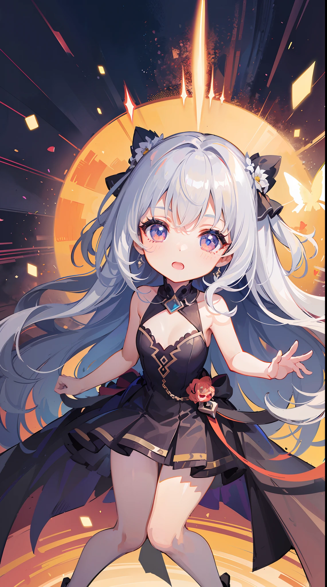 masterpiece, best quality, highres, bbshion, 1girl, long hair, twintails, hair ribbon, short eyebrows, animal ears, cat tail, earrings, frilled choker, halterneck, black bow, star brooch, bare shoulders, black dress, frilled dress, gothic, detached sleeves, wide sleeves, purple pantyhose, <lora:murasaki_shion_v1:0.75>, waving, smile, open mouth,
