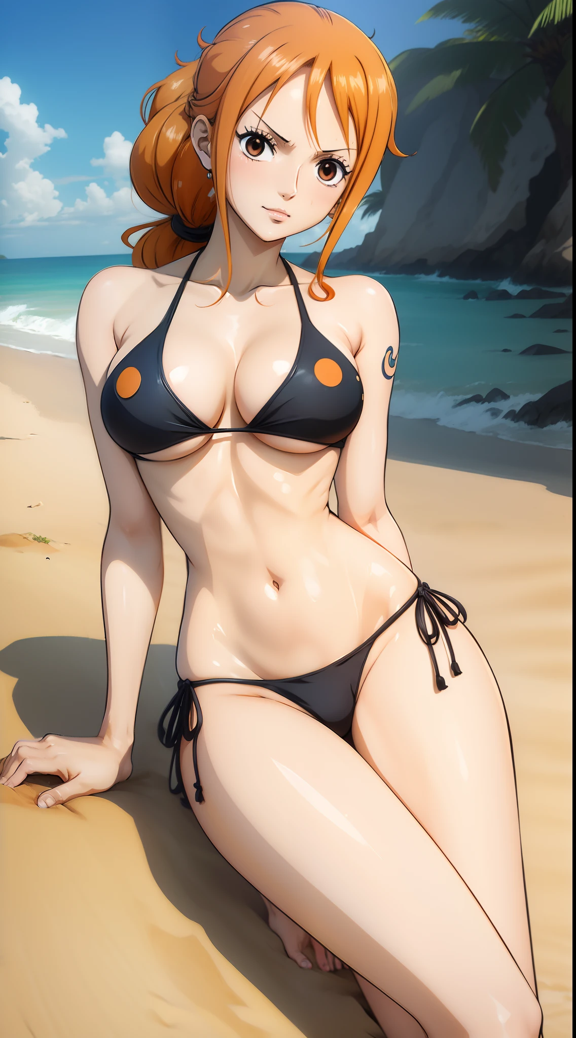 (ANIME ART STYLE),Nami from one piece, brown eyes, orange long ponytail hair, wearing black bikini, sitting on beach, shoking, blushing,(NSFW), front view. Legs spread, breast expose.