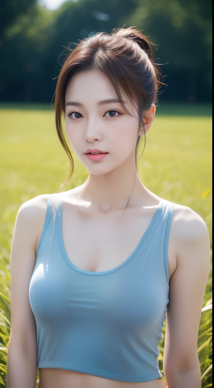 realistic photos of 1 cute Korean star, hair pulled back, white skin, thin makeup, 32 inch breasts size, wearing blue tank top, standing in the field, upper body portrait, sparkle, UHD