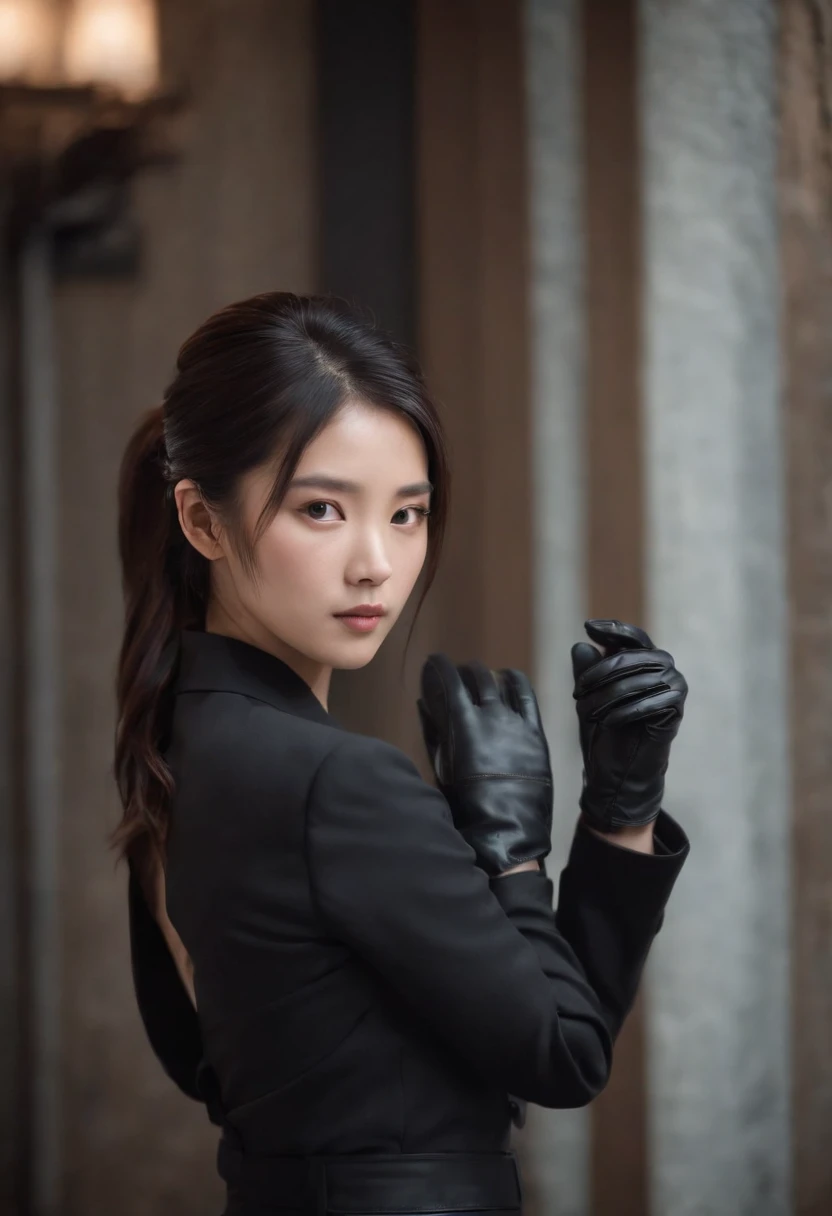Japanese girl wearing a black three-piece suit up to men's shirt, black leather gloves in both hands, black hair ponytail