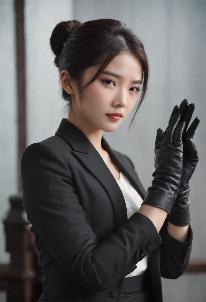 Japanese girl wearing a black three-piece suit up to men's shirt, black leather gloves in both hands, black hair ponytail