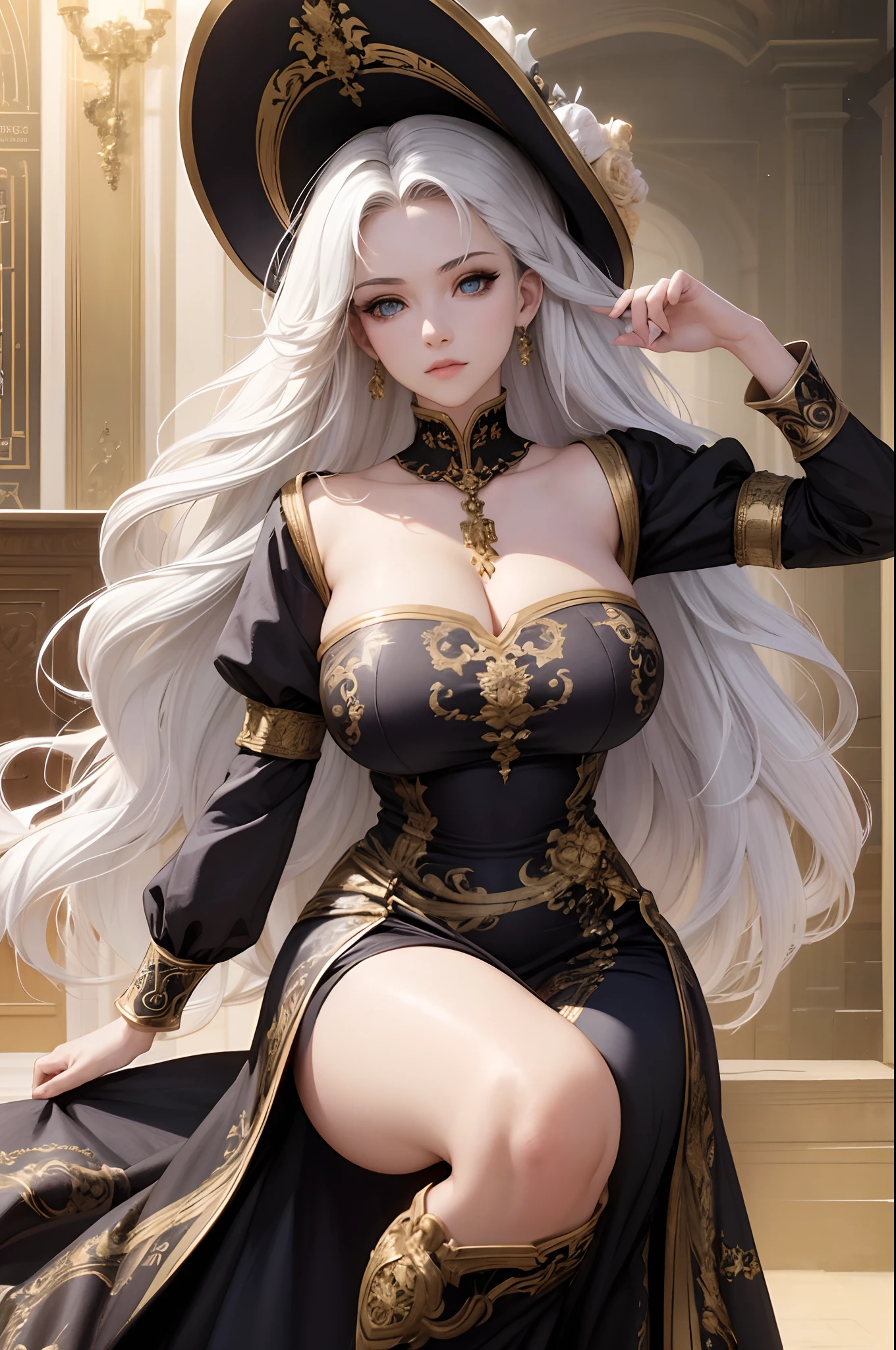 (masterpiece), best quality, expressive eyes, perfect face, 1girl, long hair, white hair, huge breasts, large breasts, thick thighs, curvilinear waist, muscular female, dark blue eyes, gold adornments, curvy waist, juicy waist, dragon girl, monster girl, mature female, capitain hat, long dress, elegant dress, black dress with flowers printed, oriental dress
