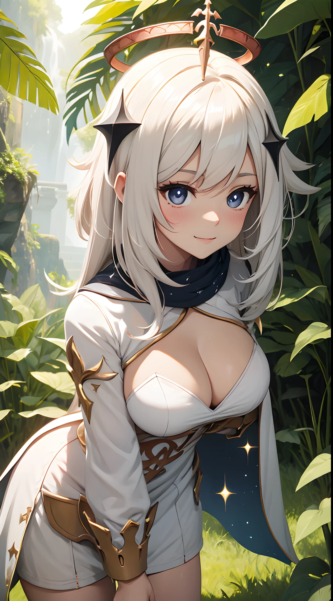 one-girl，the original god，Paimon，cleavage，Be red in the face，Close-up shot，sportrait，looks into camera，ssmile，White clothes，mediuml breasts，jungles，grassy fields