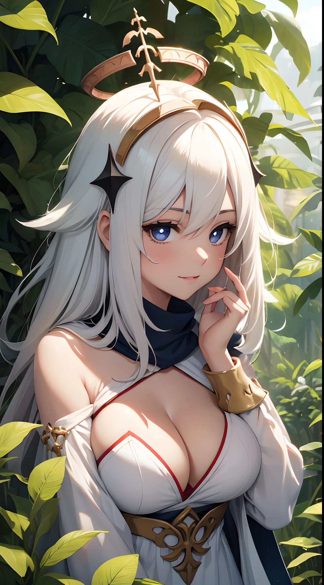 one-girl，the original god，Paimon，cleavage，Be red in the face，Close-up shot，sportrait，looks into camera，ssmile，White clothes，mediuml breasts，jungles，grassy fields