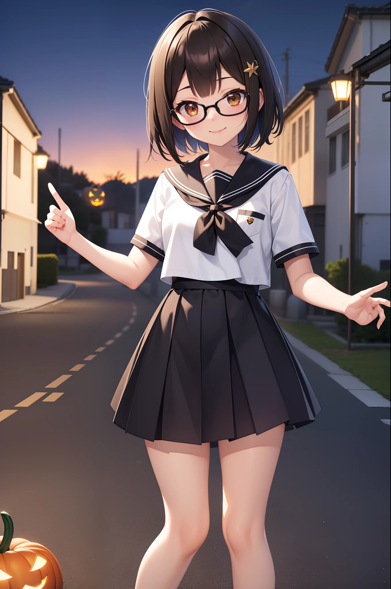 (masutepiece, Best Quality, Capture super cute moments, depth of fields, ultra-detailliert, Ultra High Resolution, C4D, Octadale, 3D Modeling, 8K, 16 K, one girls、a 、A dark-haired、short-hair、straight haired、Light brown eyes,hair adornments、wearing black glasses、A smile)、Short sleeve sailor suit、sky at night、Halloween、squash、Absolute Area