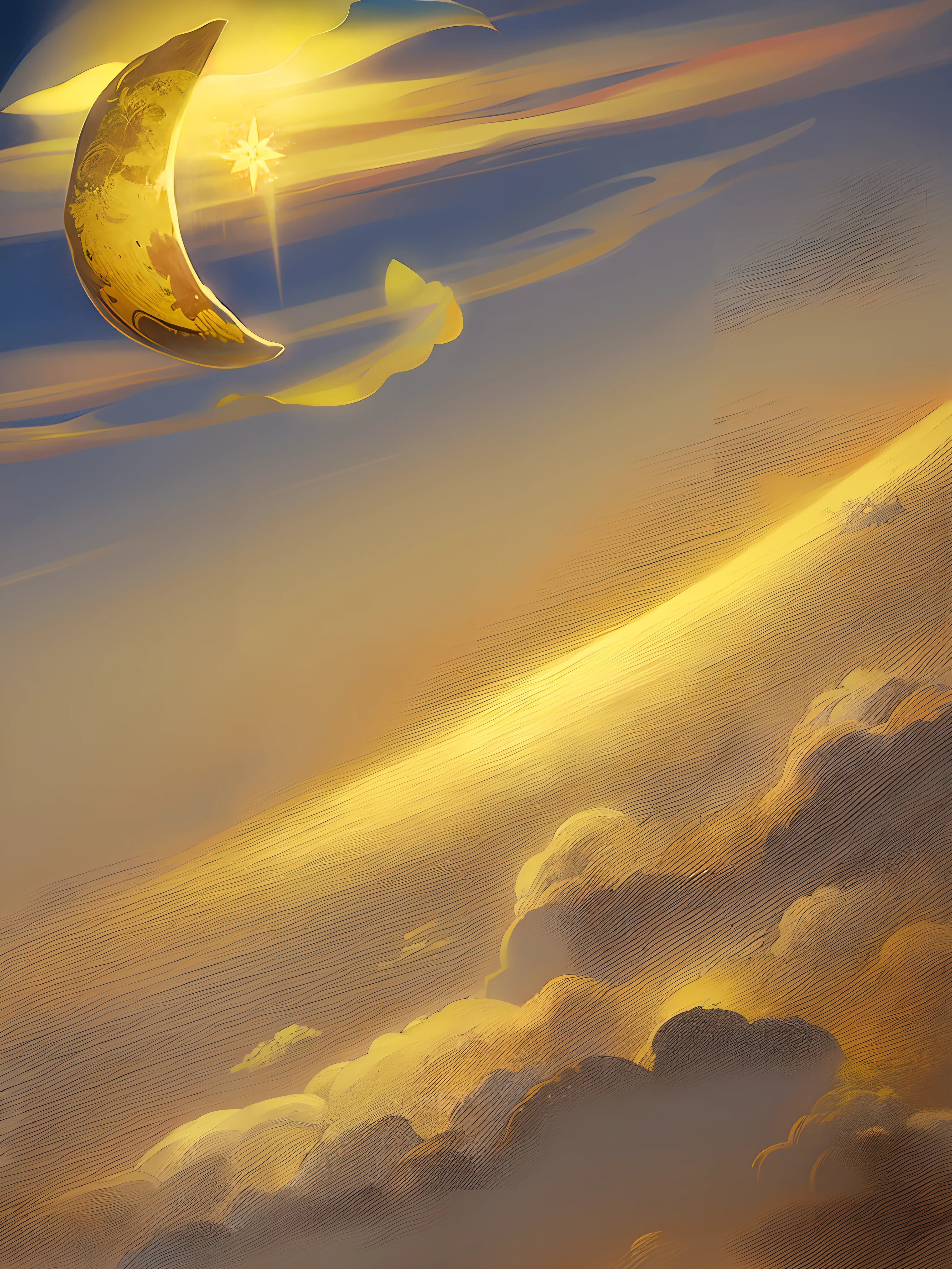 There is a painting of a crescent and a star in the yellow sky, Nuvens amarelas, yellow sky, fundo amarelo macio, fundo estilo conto de fadas, lua brilhando luz dourada, pale yellow sky, luminous sky heaven background, luz da lua no fundo superior, papel amarelado, fundo amarelo, em papel amarelo, deite-se em nuvens brancas fairyland, blurry and dreamy illustration