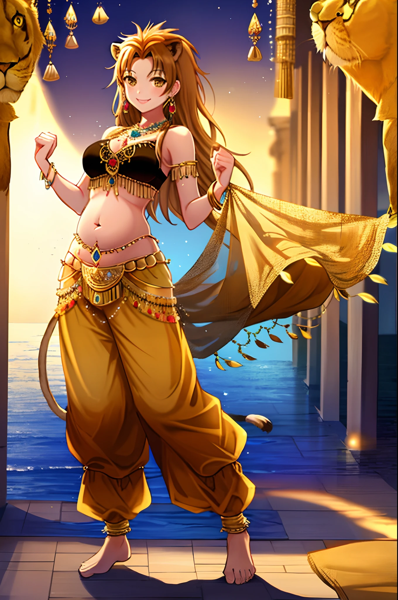(((lion girl))), (((blue hair))) (((smile))), (((full body))), (((standing pose))), (((bikini top))), ((((long and baggy Belly Dance Harem Pants)))), (((bare feet))), (((fully detailed)))