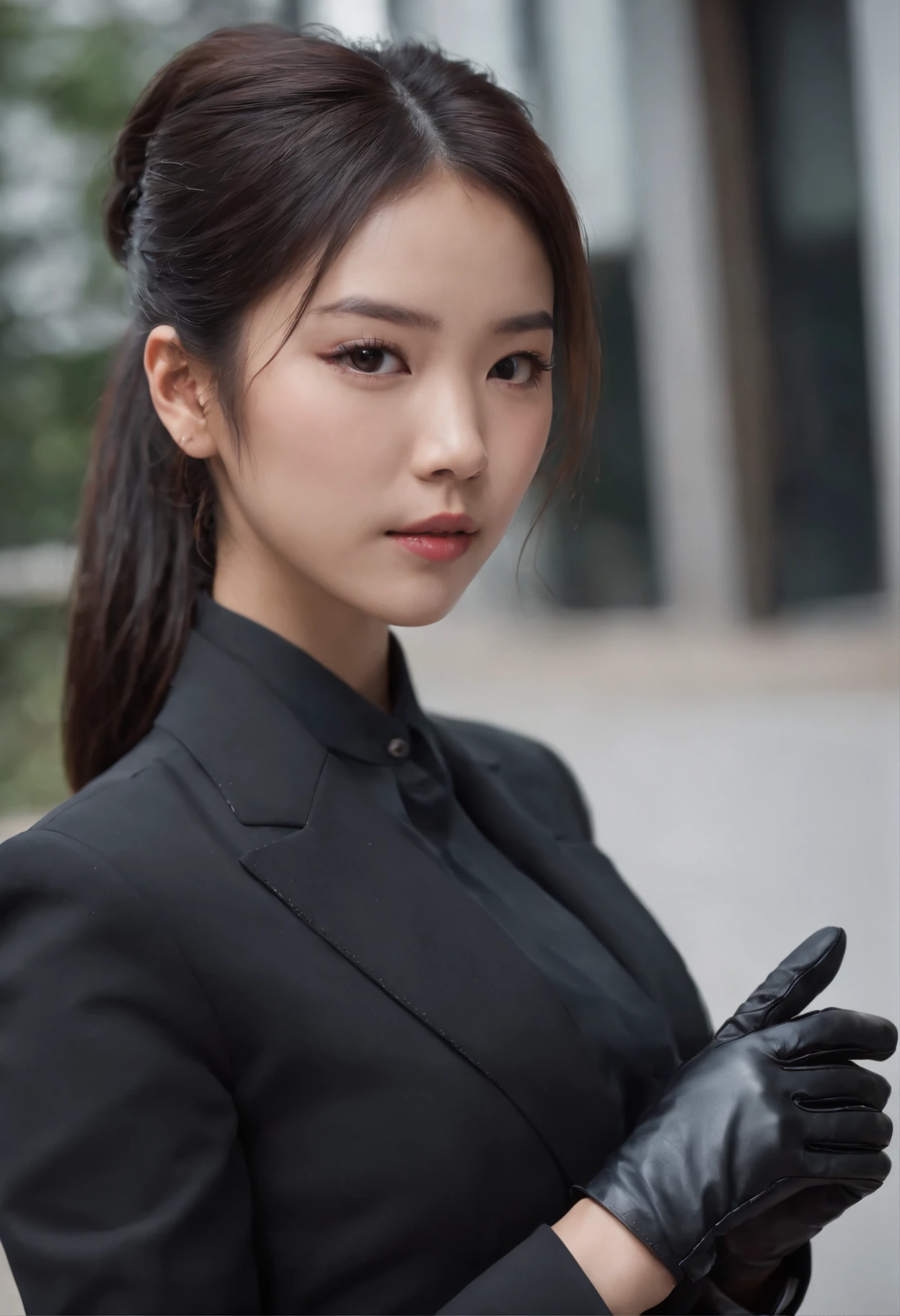 Japanese girl wearing a black three-piece suit up to men's shirt, black leather gloves in both hands, black hair ponytail