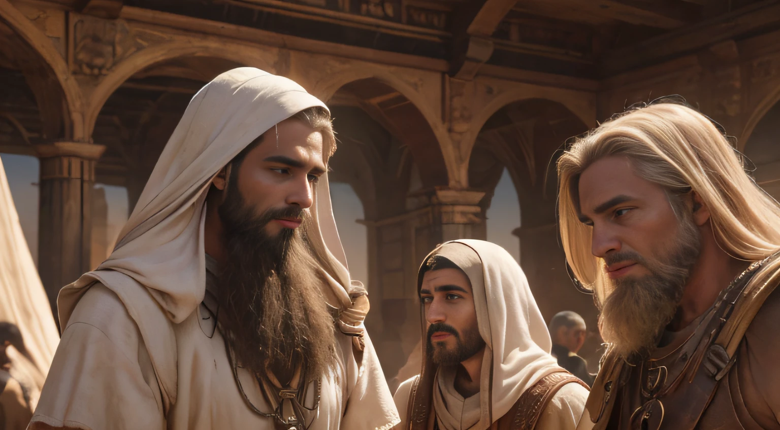 many men, fotografia, retrato biblico de moises conversando com muitos homens da sua tribo em duna, com moises no centro do circulo, muitos homens a volta, deserto, barba, trajes biblicos, realista, absurdos, detalhado,