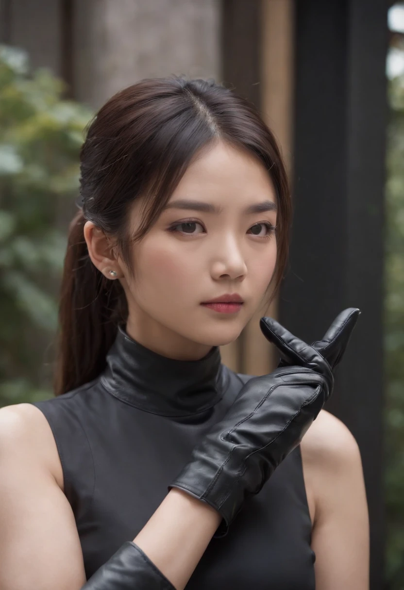 Japanese girl wearing a black three-piece suit up to men's shirt, black leather gloves in both hands, black hair ponytail