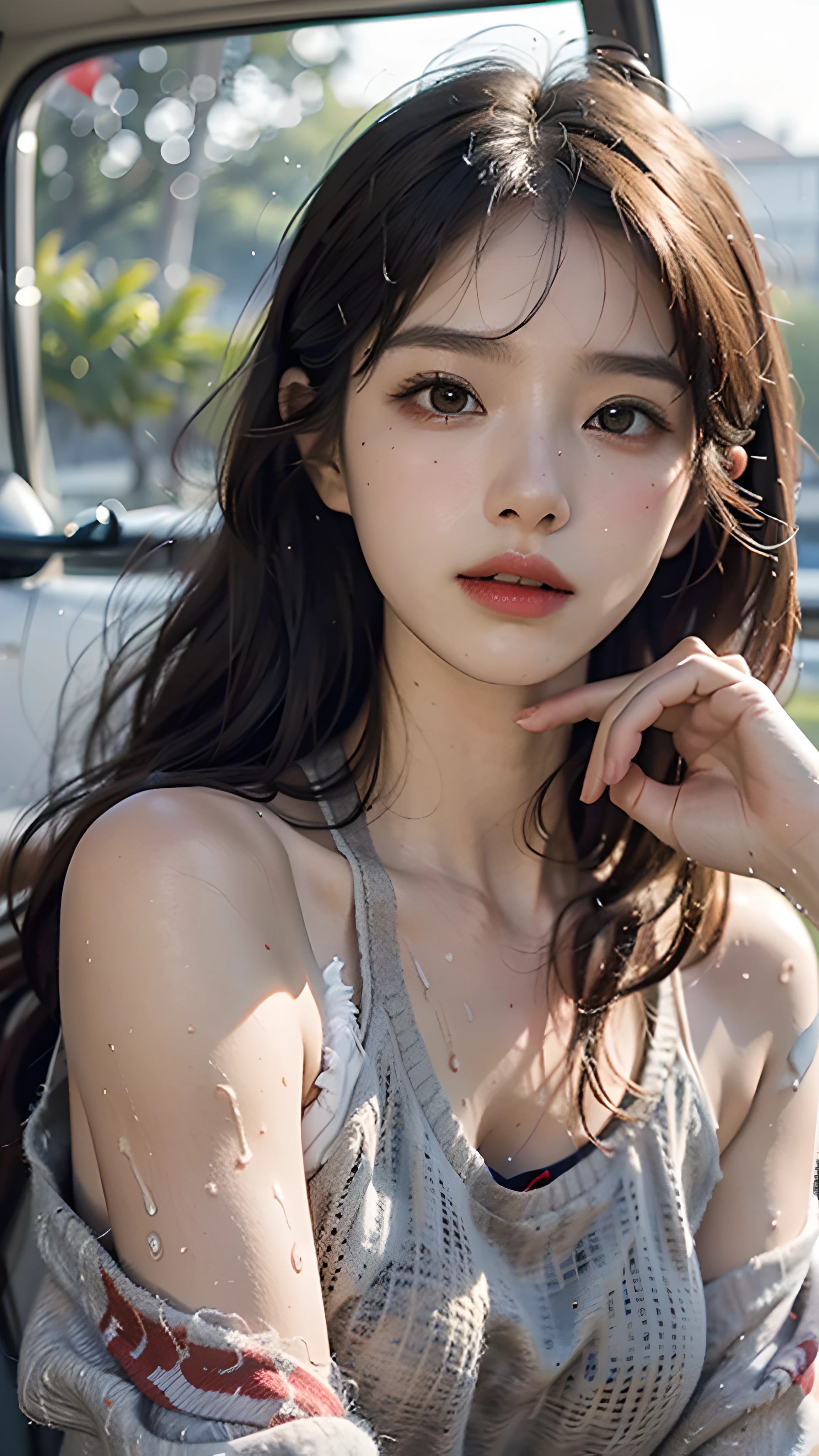 The highest image quality, masterpiece, The ultra-Highres, (Fidelity:1.4), a photo of, 1 girl in,Highly detailed face and skin texture, Detailed Eyes, photorealistic eyes, Beautiful detailed eyes, (Realistic skin), Attractive, The ultra-Highres, ultra realisic, highly detaild, Golden proportions, (sweatshirt, running shoes), Dim, A dark, despair, compassionate, poor, films, watery eyes, watery eyes, (ripped clothing: 1.5), ((wetclothes: 1.4)), bare shoulder, Real rain, Wet hair, ((South Korean, s whole body))