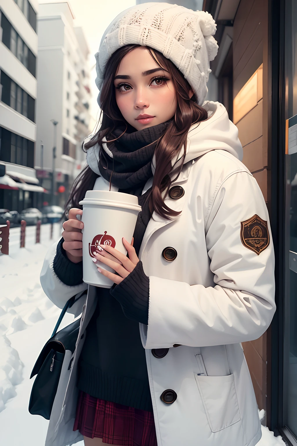 morena,alta,roupa de inverno,clima de neve na rua,drinking coffee