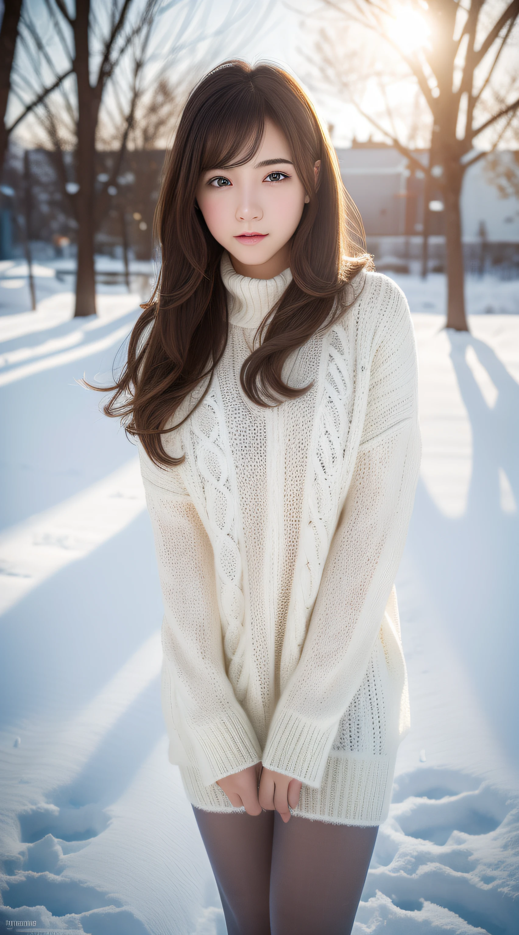 (RAW photo) Winters，snow landscape，Beautiful teenage girl，lacepantyhose, white underwear, Random color，long sweater，depth of fields，Real light，Ray traching，OC renderer，UE5 renderer，Hyper-realistic，best qualtiy，8K，Works of masters，super-fine，Detailed pubic hair，Correct anatomy