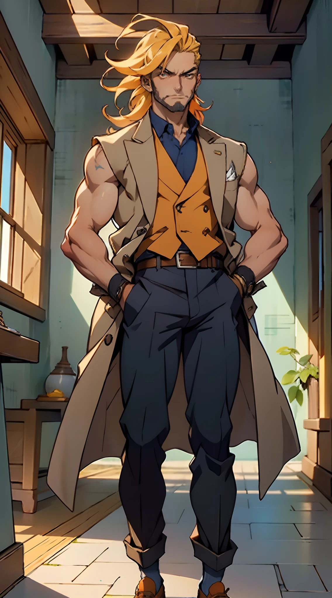 A man with long orange-yellow hair, neatly combed back, leaving a long tuft of bangs, he has slender eyebrows, sharp and intelligent eyes, his face is elongated and lean, he wears a dark Western-style fitted suit, a sleeveless long overcoat on top, a belt wraps around his waist, he wears loose trousers, stands in a luxurious Chinese-style hall, displaying a dignified expression, exuding a powerful aura, emanating a radiant fighting spirit, this character embodies a finely crafted fusion of Eastern and Western influences in a wise and sophisticated in anime style, characterized by a sophisticated and mature manga illustration art style, full body character drawing, high definition, best quality, highres, ultra-detailed, ultra-fine painting, extremely delicate, professional, anatomically correct, symmetrical face, extremely detailed eyes and face, high quality eyes, creativity, RAW photo, UHD, 8k, Natural light, cinematic lighting, masterpiece:1.5