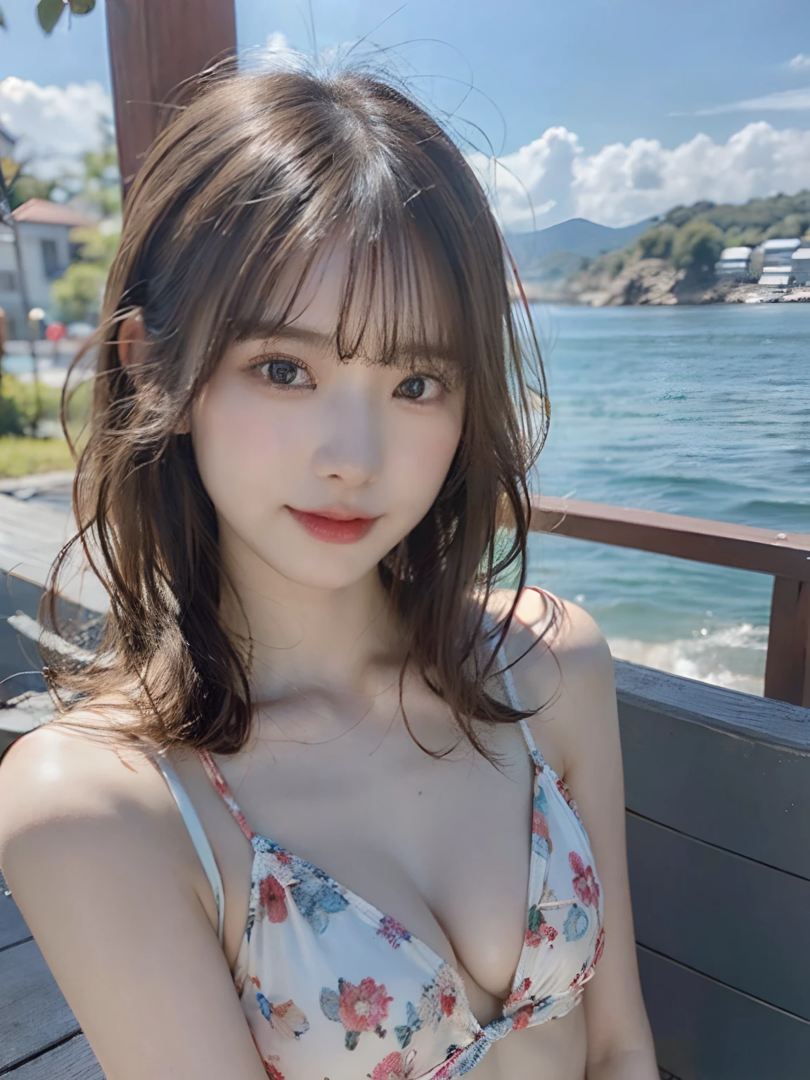 (masterpiece:1.3), (8K, Photorealsitic, Raw photography, Top image quality: 1.4), 1 Japan high school girl、(Random hairstyles:1.2)、(small tits:1.3)、Super Detail Face、Eye of Detail、二重まぶた、foco nítido:1.2、prety woman:1.4、light brown hair、top-quality、masterpiece、超A high resolution、(Photorealsitic:1.4)、very detailed and professional lighting、slender、A smile、Wearing a floral swimsuit、((sea side))