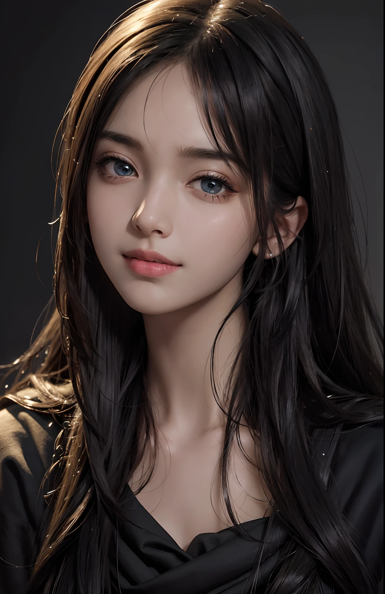 (Ultra Realistic), (Illustration), (Increased Resolution), (8K), (Extremely Detailed), (Best Illustration), (Beautiful and Detailed Eyes), (Best Quality), (Ultra Detailed), (Masterpiece ), ( wallpaper), (detailed face), solo, 1 girl, looking at viewer, fine details, detailed face, in the dark, deep shadows, low key, pureerosfaceace_v1, smiling, long hair, black shawl straight hair , 46 points oblique bangs