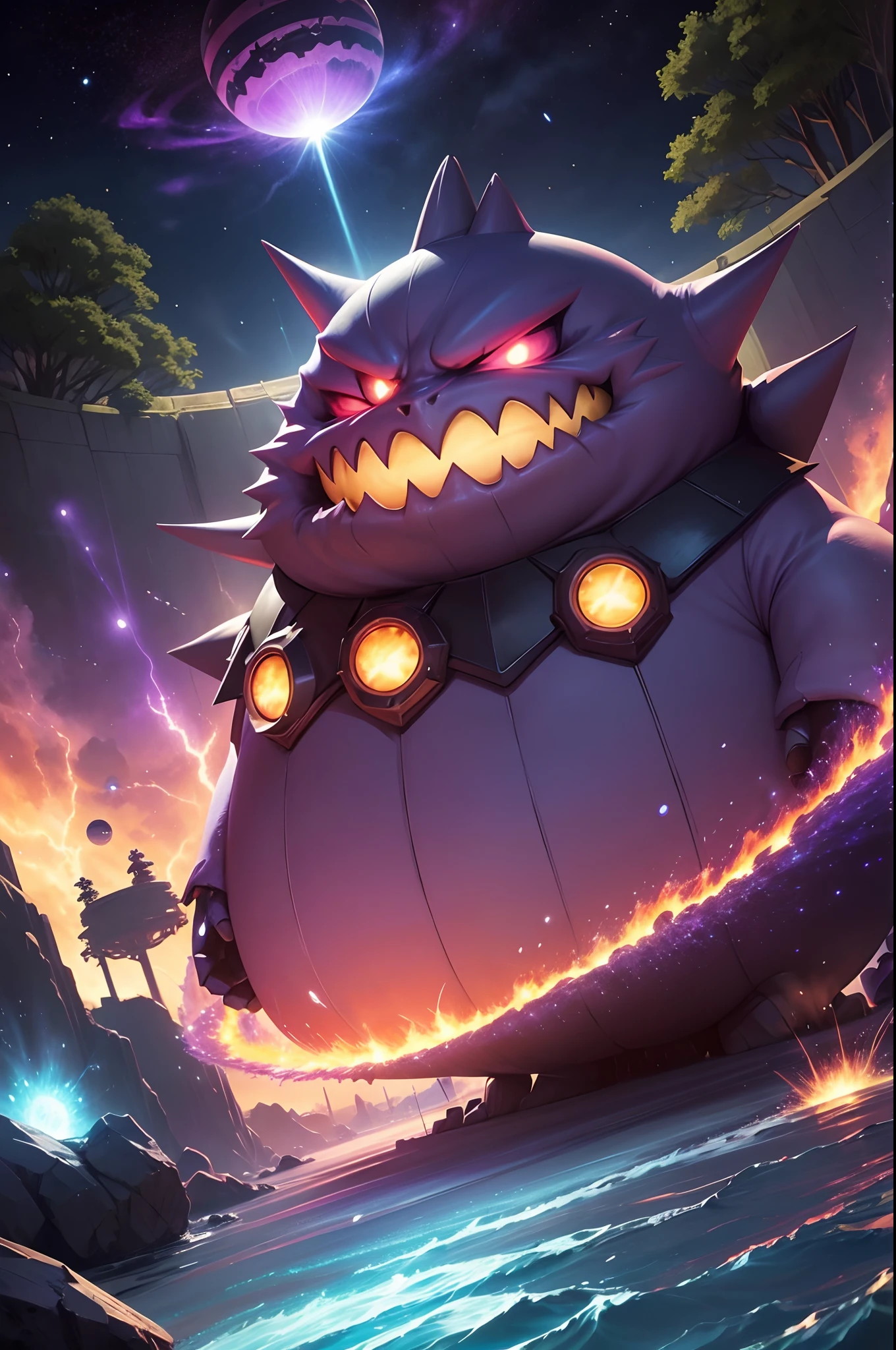 pokemon: gengar overlord, water ball, solar system, intergalactic, neon, star clusters, alien technology, warp gates, cosmic energy, Blackhole