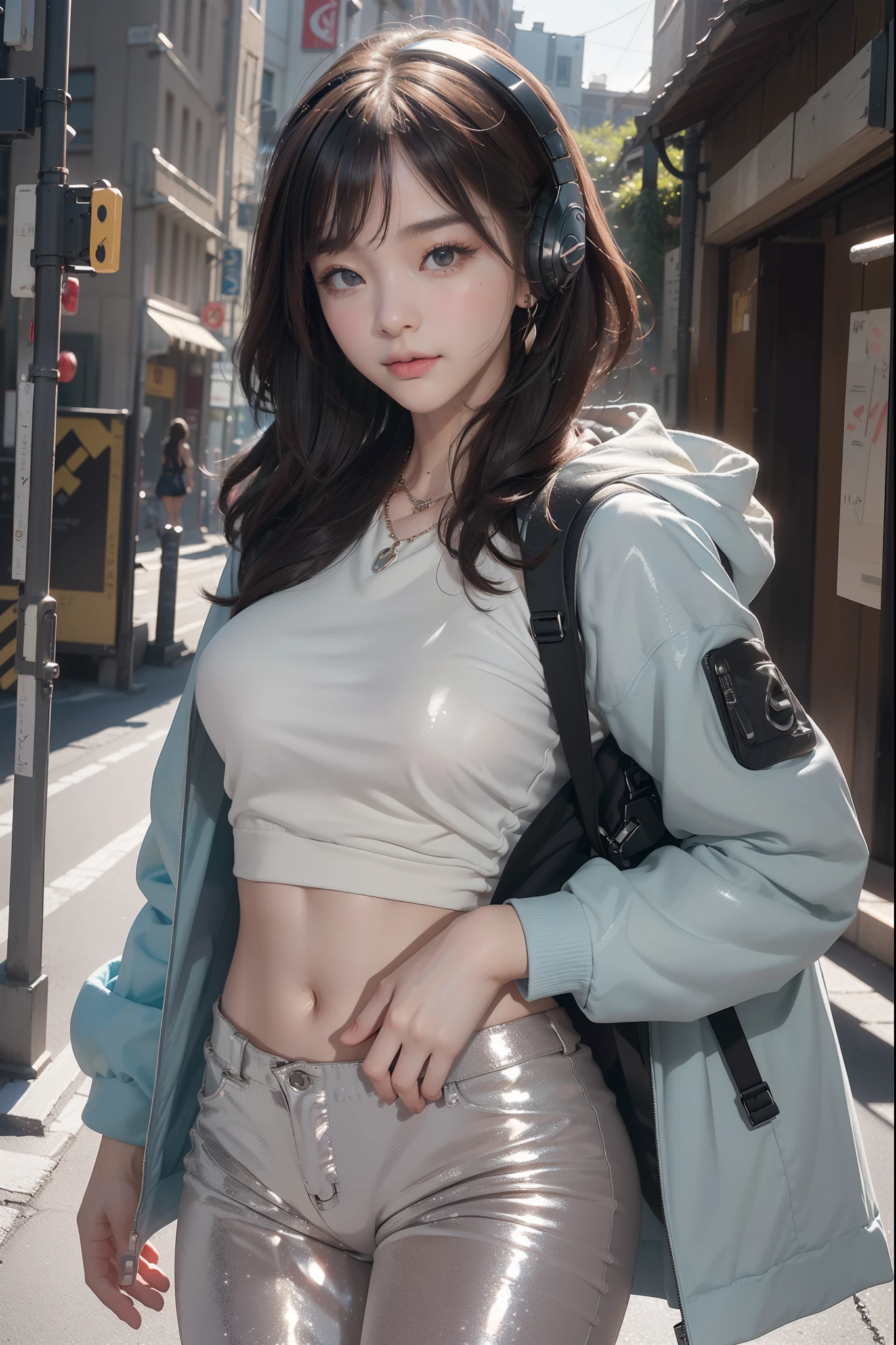 (((top-quality, 8K,超A high resolution、ultra-detailliert))),1girl in,female high-school student,a beauty girl,Street attire,((Hooded Neon Over Jacket,shortpants,backpack))、((Wearing large headphones around your neck))、(Shorthair with light brown hair,Colorful Extended Hair),perfectbody,skinny, Tied waist,Beautiful face, acurate, Anatomically correct, Highly detailed face and skin texture, Big eyes drawn in detail, Double eyelids, Thin eyebrows, Glitter Eyeliner: 1 Natural cheeks, Glossy skin, Fair skin: 1.2, (Glossy lips: 1.4),Highly detailed facial and skin texture, Detailed eyes, Double eyelids, Natural cheeks, , shiny lips: 1.4,Simple necklace and earrings,Smile and watch the viewer,Walking in the city,【Not blurry,profetional lighting,Professional effects、(masutepiece: 1.3), (max resolution: 1.2), (Ultra HDTV: 1.2),octanerender, Fujifilm X100, Intense cinematic shots, Shallow depth of field, Volumetric lighting, kintsugi,(8K、Raw photography、​masterpiece:1.4)、(realisitic、Photorealsitic:1.37)、Shot with CineStill 800T、(Extreme top quality:1.3)、((depth of fields:))、absurderes、(超A high resolution、extremery detailed CG、hight resolution、realisitic、ultra-detailliert、a picture、A hyper-realistic、ultra-detailliert、Cinematic atmosphere、8K UHD、insanely detaileda、trending on artstationh、awardwinning photo、extremely detailed photo、hight resolution:1.5)】No tags or text