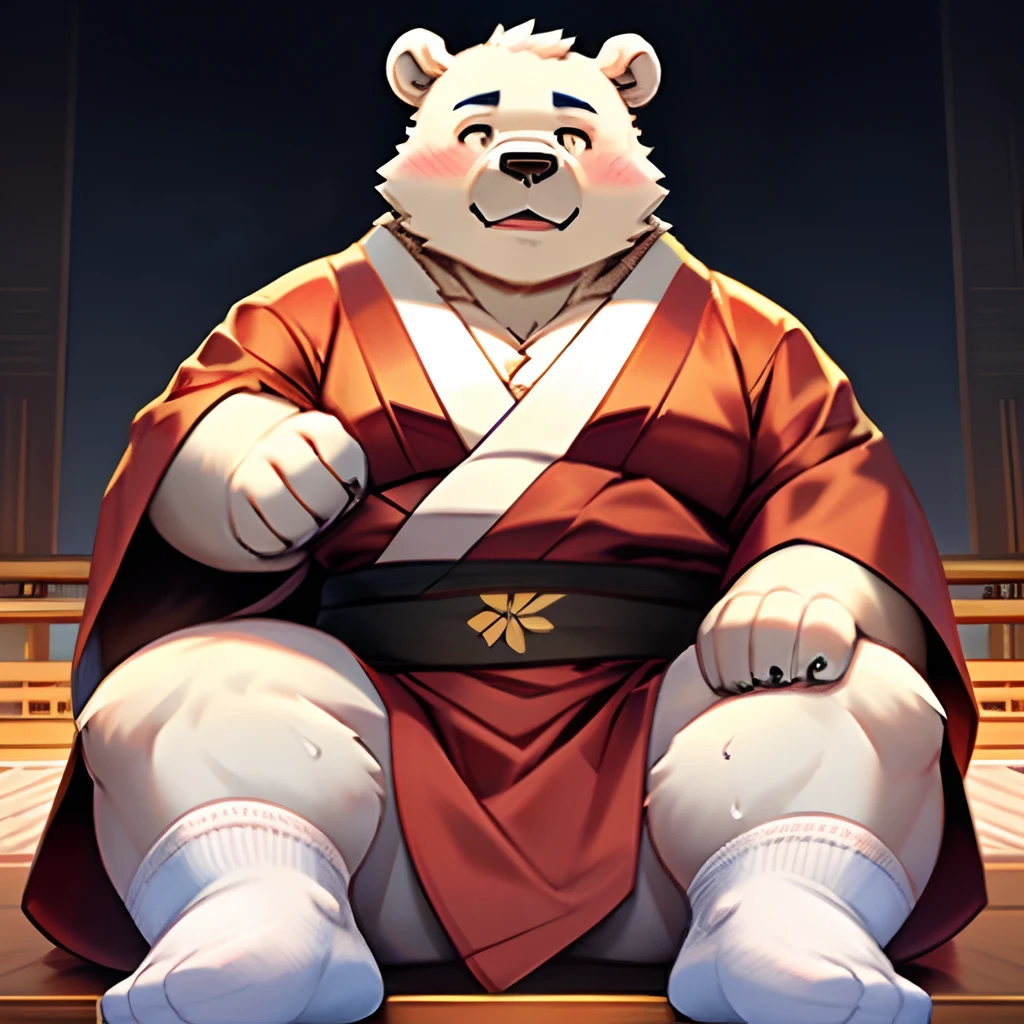 (Best quality,A high resolution),Polar bear boy,Bear ears，Youth,full of sweat，White Japanese god kimono,perspire，Strong body(Girl with thick fat chunky physique)，White  socks，full bodyesbian