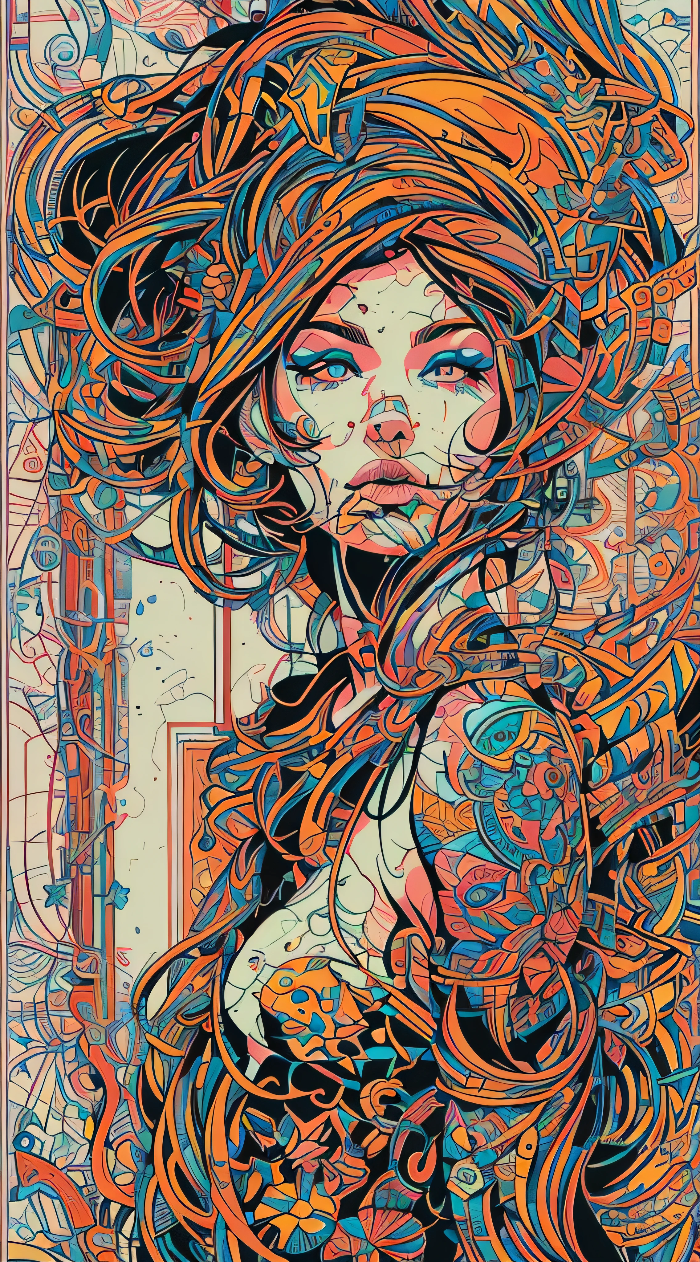 inkpunk, vector style art, young nude woman professional art (naked sexy woman), complex art, ((high detail)) multicolored. ((absurdly high quality)