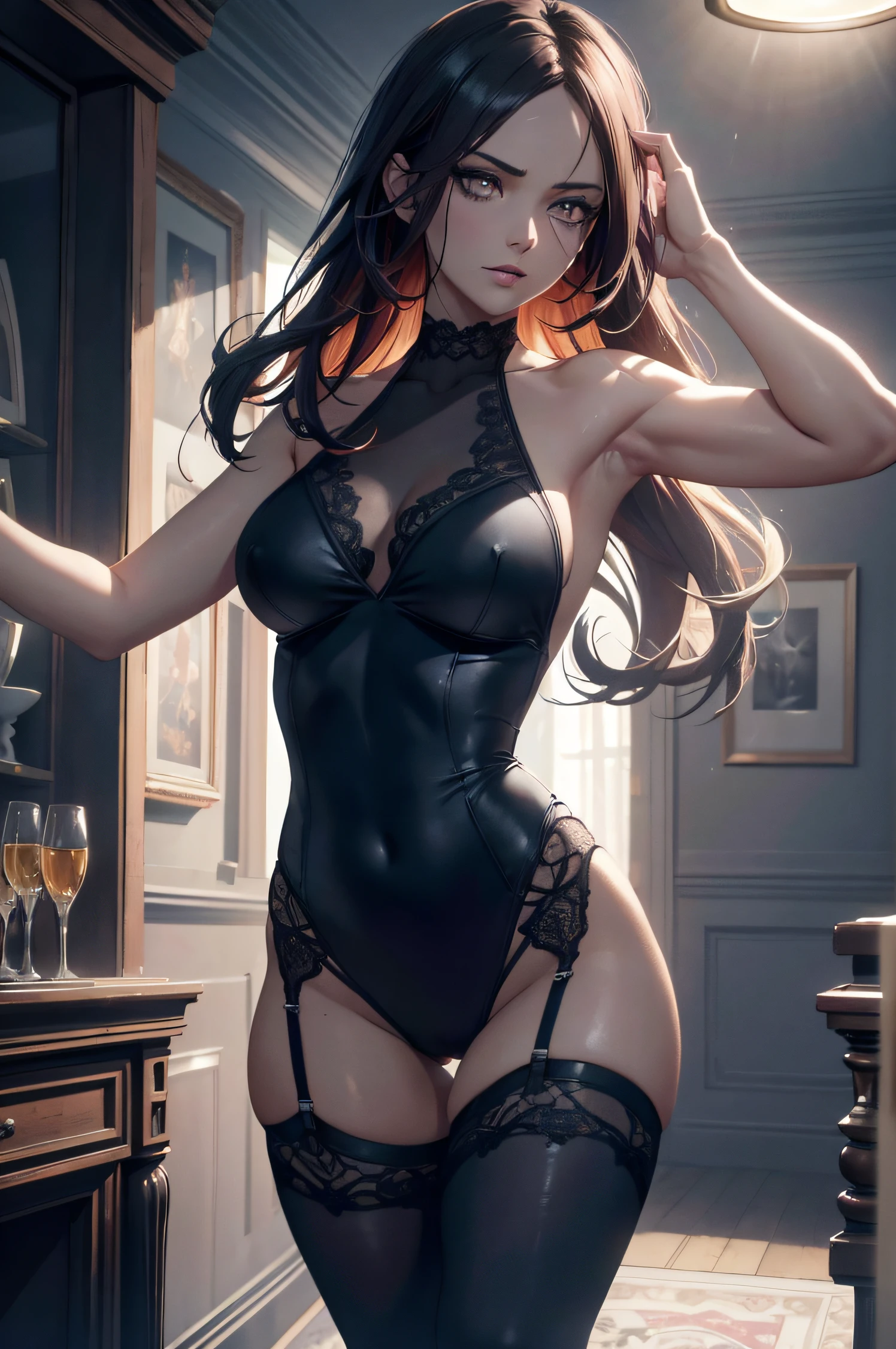 A woman wearing lingerie, sleeveless, long hair, dynamic pose, 3d, (8k), detailed texture,(hyperdetailed), (photo realistic), cinematic light, cinematic action, highly detailed, realistic, Isometric, full body, in frame, driven expression, dark theme, (extremely detailed eyes), detailed symmetric realistic face, extremely detailed natural texture, masterpiece, extremely detailed, amazing, fine detail, rich colors, hyper realistic lifelike texture, dramatic lighting, unreal engine, trending on art station, photo realistic, RAW photo, high quality, high res, sharp focus, extremely detailed, cinematic lighting, 8k, high definition, cinematic, neoprene, unreal engine 5, ultra sharp focus