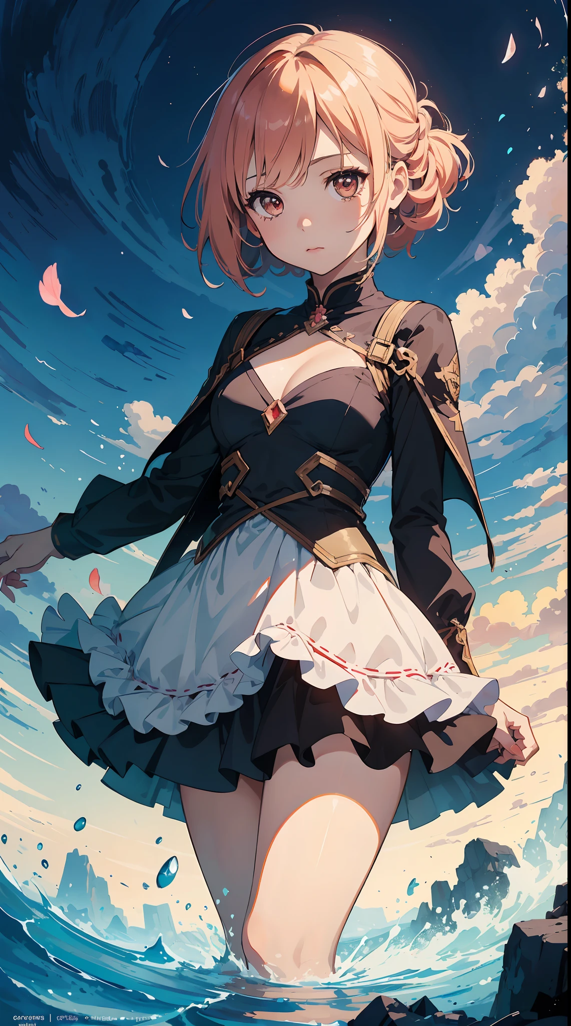 (mystical:1.4), Cosmos Field、(cosmos:1.5) (1girl in, Solo:1.4), Cute, (Chibi:1.6),Detailed small breasts, Raise your left hand、Rising Sun rains down on her left hand in a fantastic scene、A fantastic pre-beat where strong winds materialize all over the area and cosmos petals soar、Visual effects that make her spot beautiful、 ((Writing line transparency Highest quality Best work Concept art.))、Beautiful illustration, pastel color, Illustration style, Realistic skin feeling, Realistic materials、watercolor paiting, A background with detail, three-dimensionality and depth