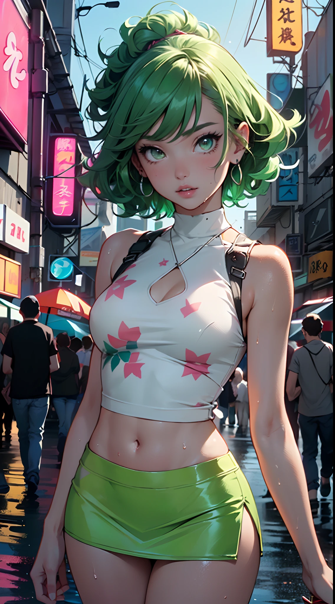 girl youtuber,(((1girl))),((extremely cute and beautiful green curly-haired girl)),

(short breasts:1.4),(((green curly hair:1.35,very curly hair,colored inner hair,ear breathing,short hair))),(((green_eyes:1.3))),intricate eyes,beautiful detailed eyes,symmetrical eyes,big eyes:1.3,((fat)),(((lustrous skin:1.5,bright skin: 1.5,skin tanned,shiny skin,very shiny skin,shiny body,plastic glitter skin,exaggerated shiny skin,illuminated skin,wet legs))),detailed body,(detailed face),

cute,slutty,seductive,erotic,(((nsfw))),

zettai ryouiki,revealing clothing,show skin,((rave mini-skirt,visible thong straps,white loose tank top with an anime art print)),((wet clothes,intricate outfit,intricate clothes)),

(dynamic pose:1.0),embarrassed,(centered,scale to fit dimensions,Rule of thirds),

cyberpunk city by the ocean at night, with bright neon signs and dark stormy clouds and puddles, scenery:1.25,

artistic photography,(photography taken by sldr),highres, sharp focus, (ultra detailed, extremely detailed), (photorealistic artwork:1.37),(extremely detailed CG unity 8k wallpaper),((synthwave background theme)),(((vibrant colors))),(intricate background),(masterpiece),(best quality),