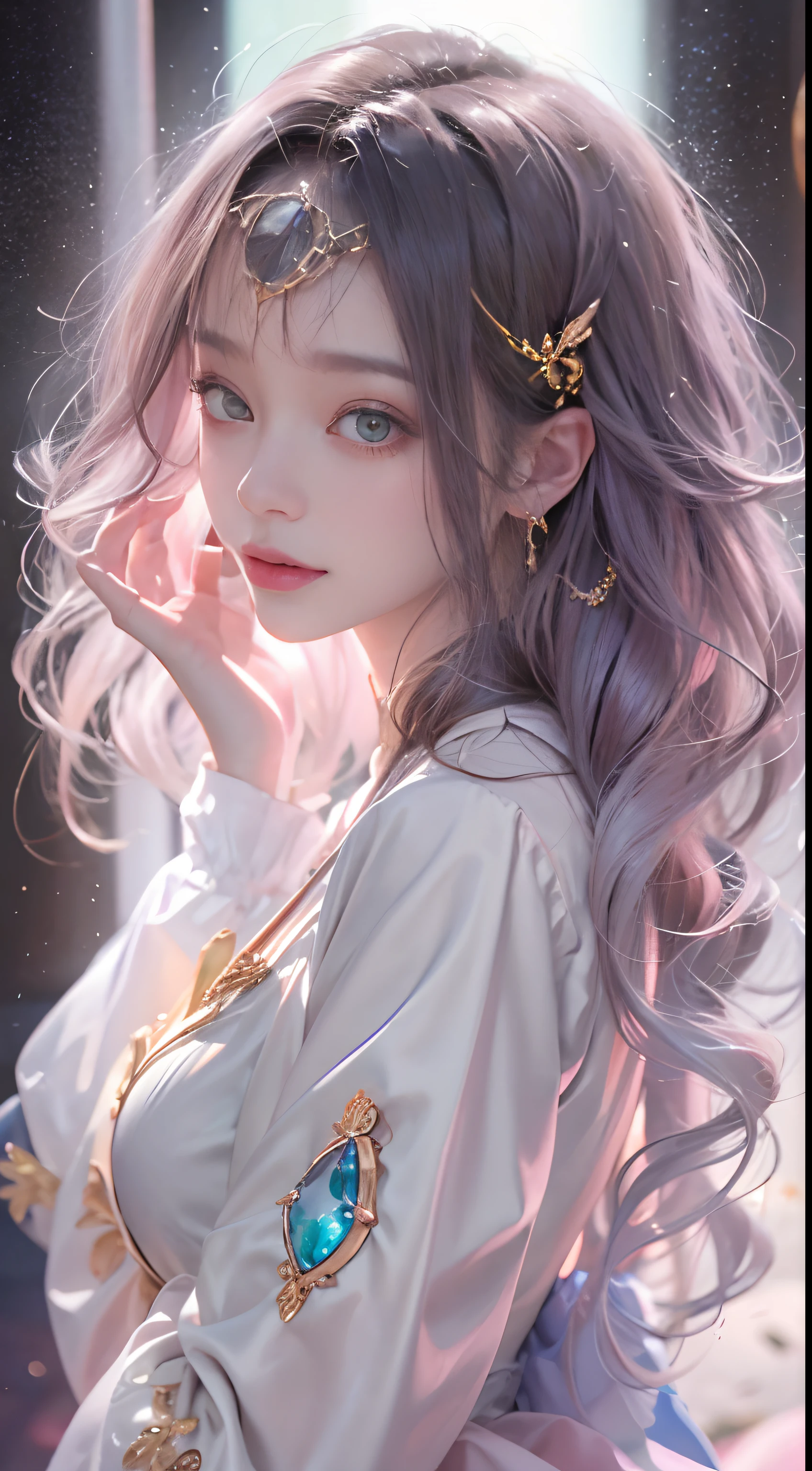 1girll,(enchanced quality:1.4),(Top quality true texture skin), Delicate face,Black hair, Gradient hair, Petite body,(perfect bodies:1.1), There are precious stones on the forehead, rimless eyewears, Sparkling pupils,long eyelasher,grin, hyper photorealism, Cinematic lighting, projected inset, surrealism, hyper HD, Masterpiece, 16k,Lie down,dream on,Wear transparent silk pajamas,Carmelto,Fantasy space,Luxurious space