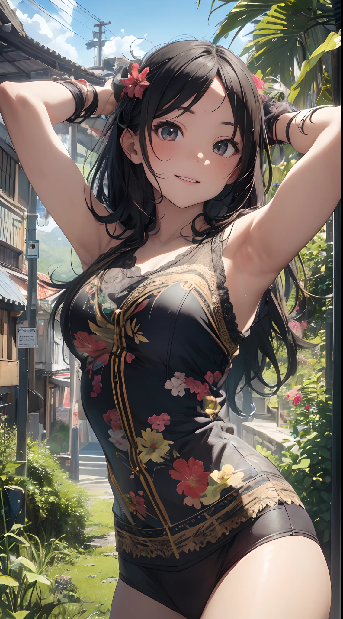 NSFW,natsuiro matsuri,One Side Ponytail,Quality long dresses,See-through,Black high quality lingerie,Floral,Midnight Alley,narrow road,In the shade,(Perfect hands),(Perfect Anatomy),(masterpiece),(highest quality)