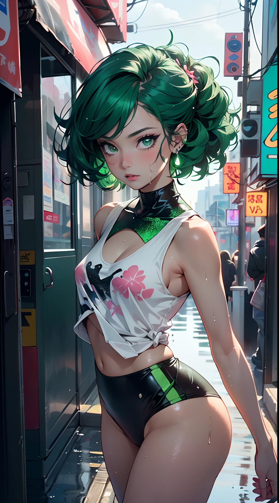 girl youtuber,(((1girl))),((extremely cute and beautiful green curly-haired girl)),
(short breasts:1.4),(((green curly hair:1.35,very curly hair,colored inner hair,ear breathing,short hair))),(((green_eyes:1.3))),intricate eyes,beautiful detailed eyes,symmetrical eyes,big eyes:1.3,((fat)),(((lustrous skin:1.5,bright skin: 1.5,skin tanned,shiny skin,very shiny skin,shiny body,plastic glitter skin,exaggerated shiny skin,illuminated skin,wet legs))),detailed body,(detailed face),
cute,slutty,seductive,erotic,(((nsfw))),
zettai ryouiki,revealing clothing,show skin,((rave mini-skirt,visible thong straps,white loose tank top with an anime art print)),((wet clothes,intricate outfit,intricate clothes)),
(dynamic pose:1.0),embarrassed,(centered,scale to fit dimensions,Rule of thirds),
cyberpunk city by the ocean at night, with bright neon signs and dark stormy clouds and puddles, scenery:1.25,
artistic photography,(photography taken by sldr),highres, sharp focus, (ultra detailed, extremely detailed), (photorealistic artwork:1.37),(extremely detailed CG unity 8k wallpaper),((synthwave background theme)),(((vibrant colors))),(intricate background),(masterpiece),(best quality),