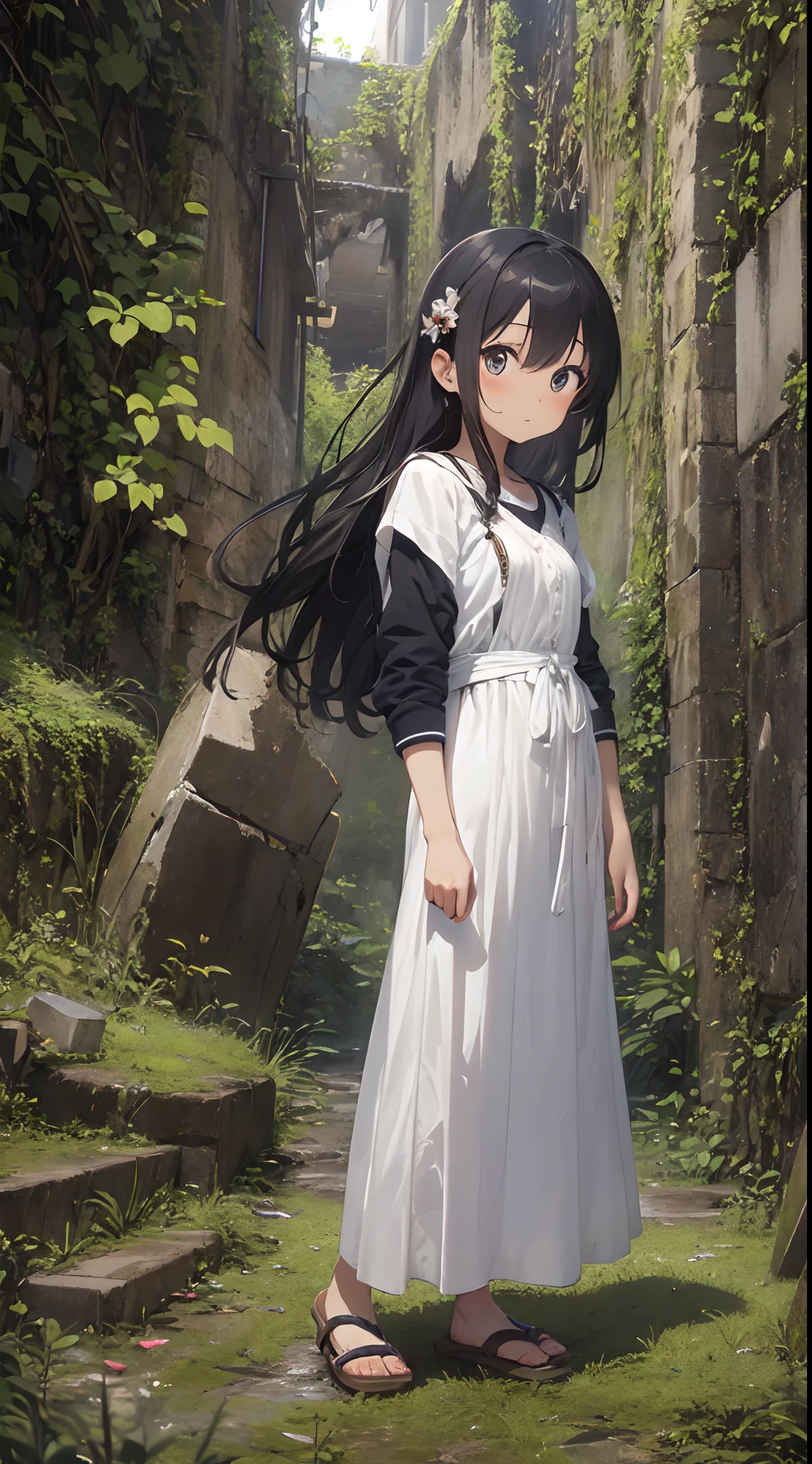 Explore Thailand's traditional ruins、beautifly、Adorable、Create a masterpiece image of a girl with clear eyes。She wears traditional Thai costume and、The fabric is painted with maximum realism.、Different textures are emphasized。Her skin is also rendered。Subtle changes in texture and color are expressed in detail.。 The ruins around her are、cranny々It is meticulously drawn up to、It is drawn with high depth and precision。Intricately carved ancient structures、Mossy stones、All weathered statues、Contributes to the history and sense of mystery of this place。 The girl was looking up at the camera curiously.、Gives the impression that the viewer is looking down on her。This sense of perspective is、It can be achieved using the fisheye effect to distort the image to create a wide panoramic or hemispherical view。 The overall quality of the image must be of the highest standard、Emphasis on enhancing the quality of details。The final artwork is、It should be a celebration of the girl's innocence and the timeless beauty of Thai ruins。