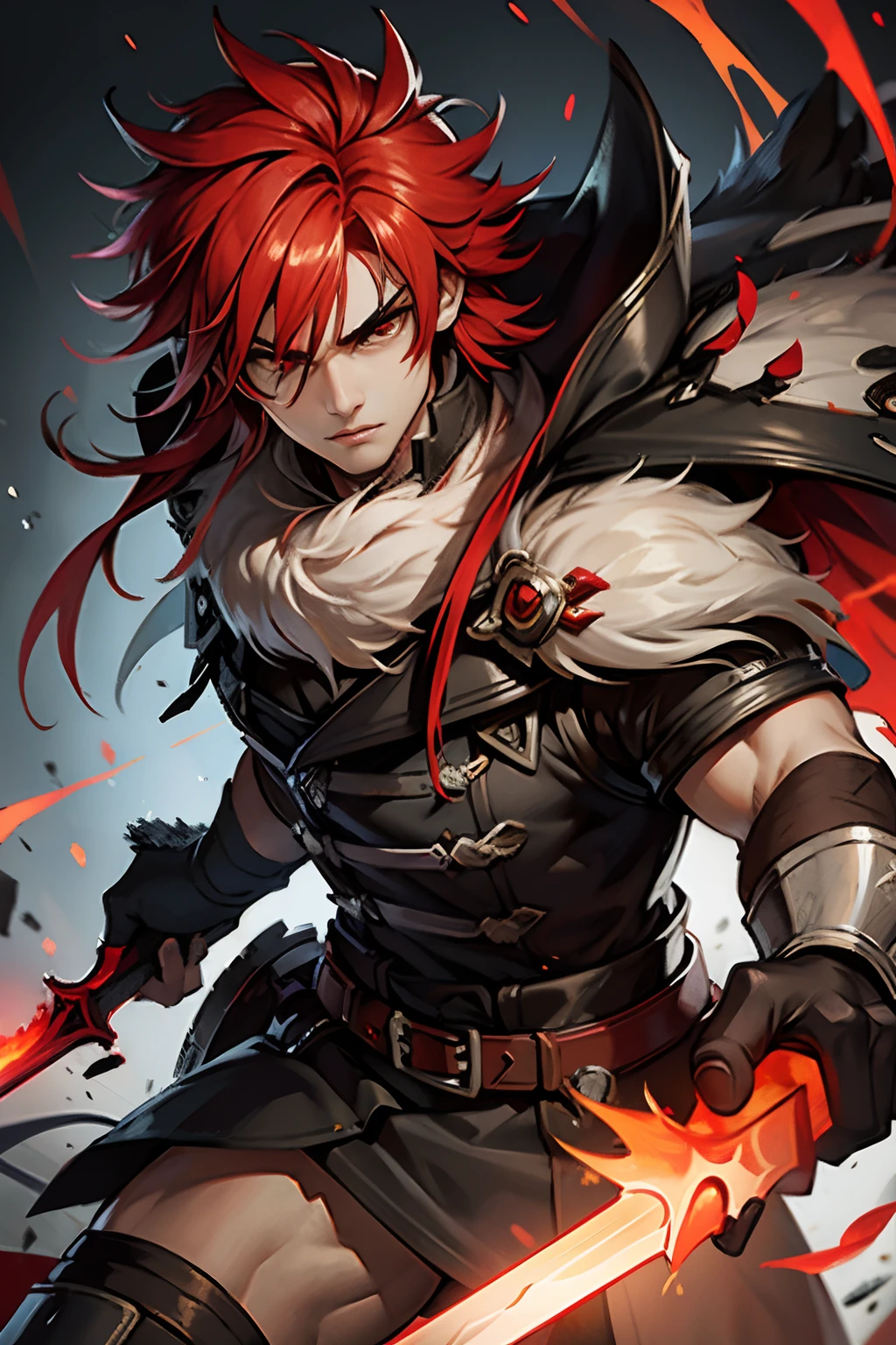 Fire damaged hair,1 man, Red Eyes, Serious expression, Monster Hunter Style, sword on hand, rowdy, high details