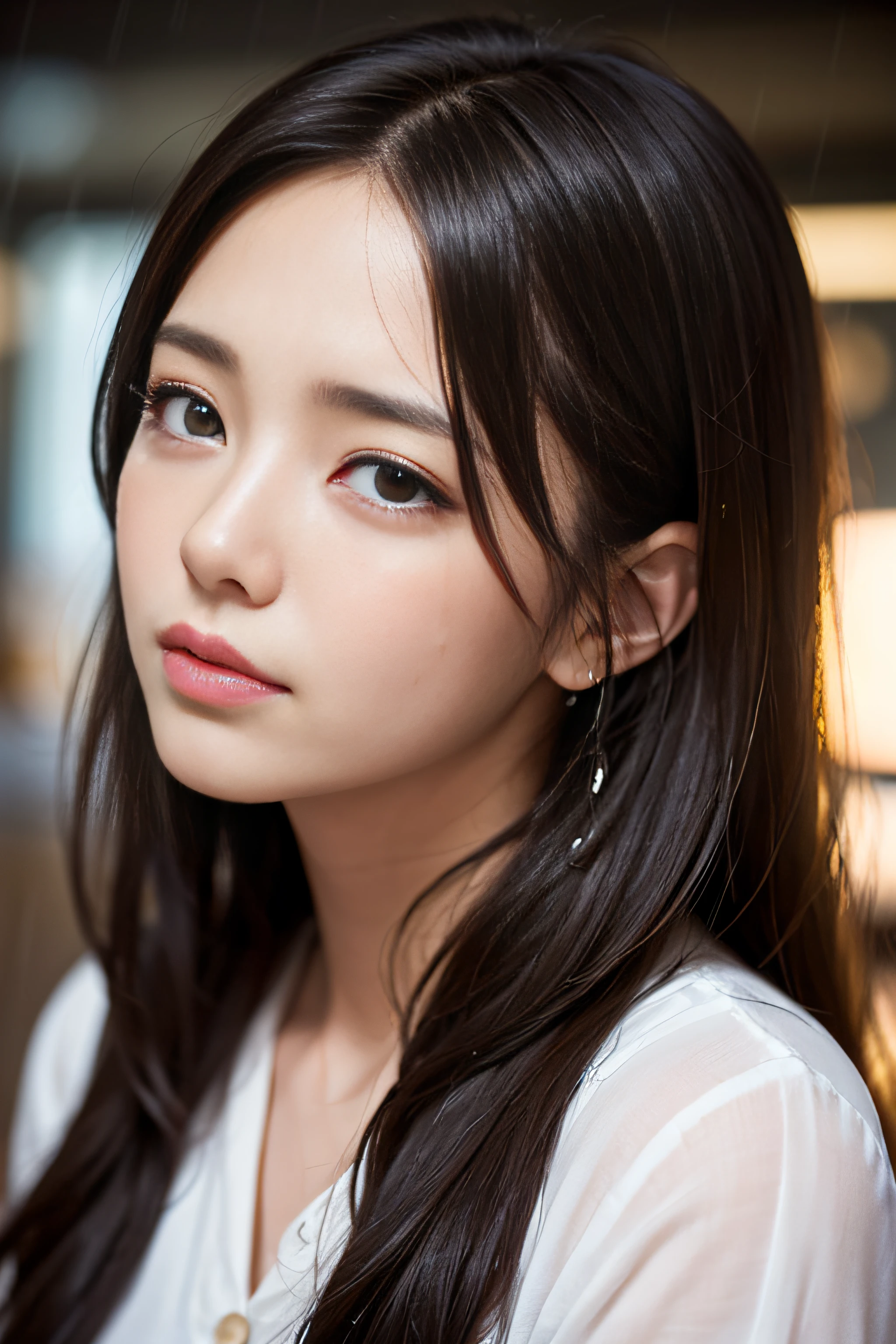 1girl in、(Super beauty)、Long brown wavy hair、(Heartbreak Travel)、(Tears:1.3)、Tokyo Station in the Rain、(beauitful face)、Shallow depth of field