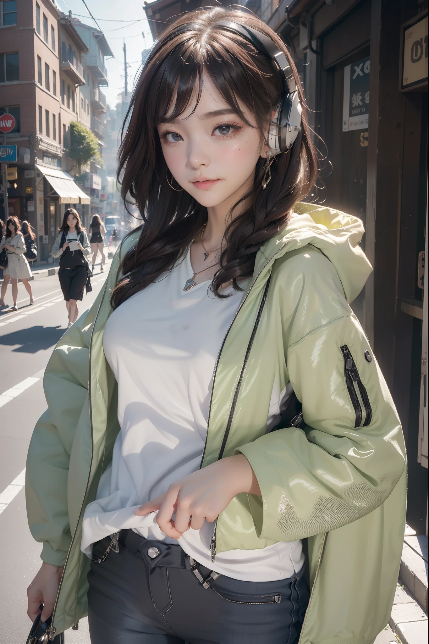 (((top-quality, 8K,超A high resolution、ultra-detailliert))),1girl in,female high-school student,a beauty girl,Street attire,((Hooded Neon Over Jacket,shortpants,backpack))、((Wearing large headphones around your neck))、(Shorthair with light brown hair,Colorful Extended Hair),perfectbody,skinny, Tied waist,Beautiful face, acurate, Anatomically correct, Highly detailed face and skin texture, Big eyes drawn in detail, Double eyelids, Thin eyebrows, Glitter Eyeliner: 1 Natural cheeks, Glossy skin, Fair skin: 1.2, (Glossy lips: 1.4),Highly detailed facial and skin texture, Detailed eyes, Double eyelids, Natural cheeks, , shiny lips: 1.4,Simple necklace and earrings,Smile and watch the viewer,Walking in the city,【Not blurry,profetional lighting,Professional effects、(masutepiece: 1.3), (max resolution: 1.2), (Ultra HDTV: 1.2),octanerender, Fujifilm X100, Intense cinematic shots, Shallow depth of field, Volumetric lighting, kintsugi,(8K、Raw photography、​masterpiece:1.4)、(realisitic、Photorealsitic:1.37)、Shot with CineStill 800T、(Extreme top quality:1.3)、((depth of fields:))、absurderes、(超A high resolution、extremery detailed CG、hight resolution、realisitic、ultra-detailliert、a picture、A hyper-realistic、ultra-detailliert、Cinematic atmosphere、8K UHD、insanely detaileda、trending on artstationh、awardwinning photo、extremely detailed photo、hight resolution:1.5)】No tags or text