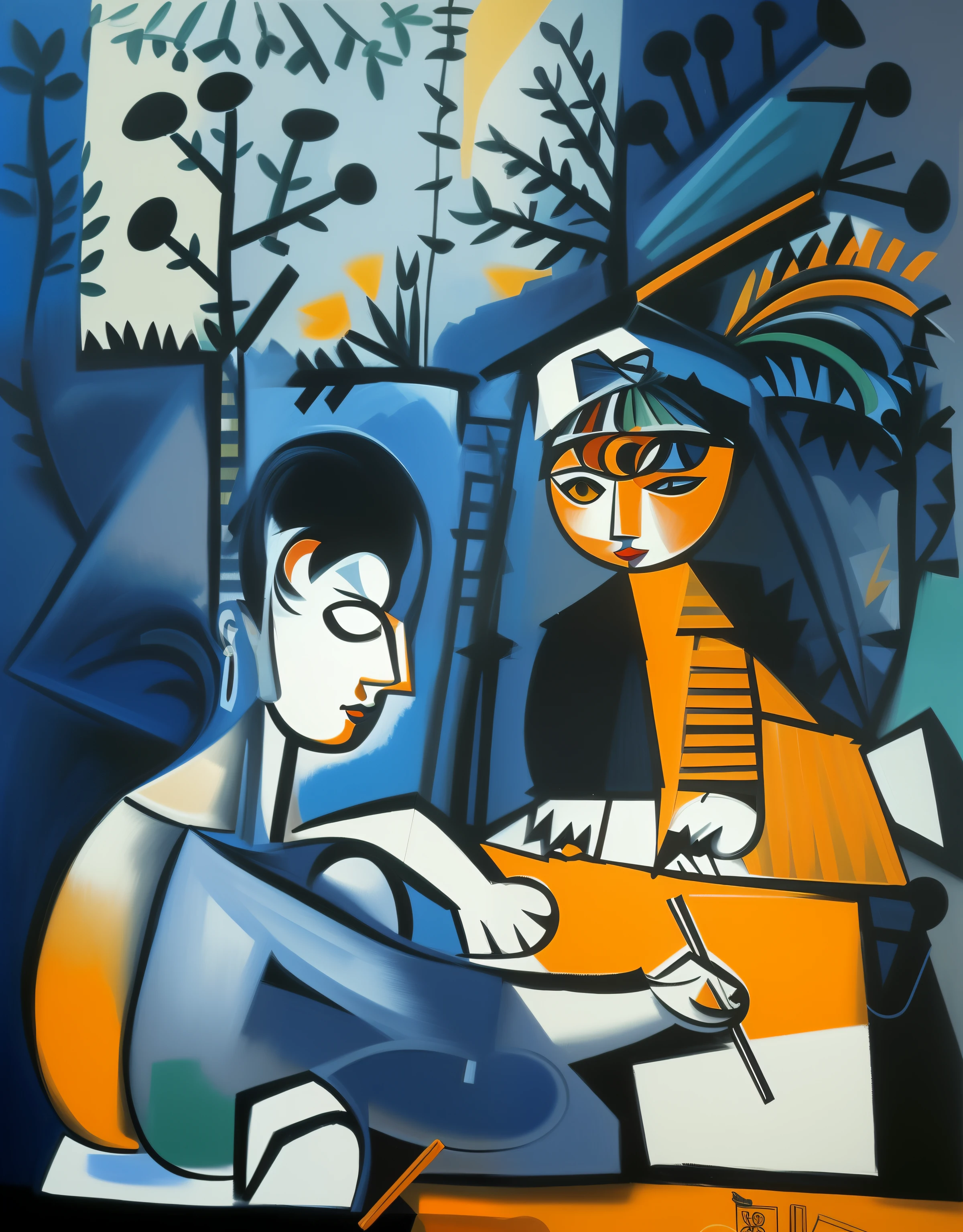pintura de uma mulher escrevendo uma carta em um jardim, pintura de Pablo Picasso, estilo de picasso, Directed by: Pablo Picasso, por Picasso, Obra-prima de Picasso, Picasso cubista, estilo picasso, similar aesthetics to picasso, inspirado em Pablo Picasso, ao ar livre, uma pintura cubista, Pablo Picasso e Mark Brooks, arte moderna, Kiki Picasso Estilo, Pablo Picasso. arte do grafite