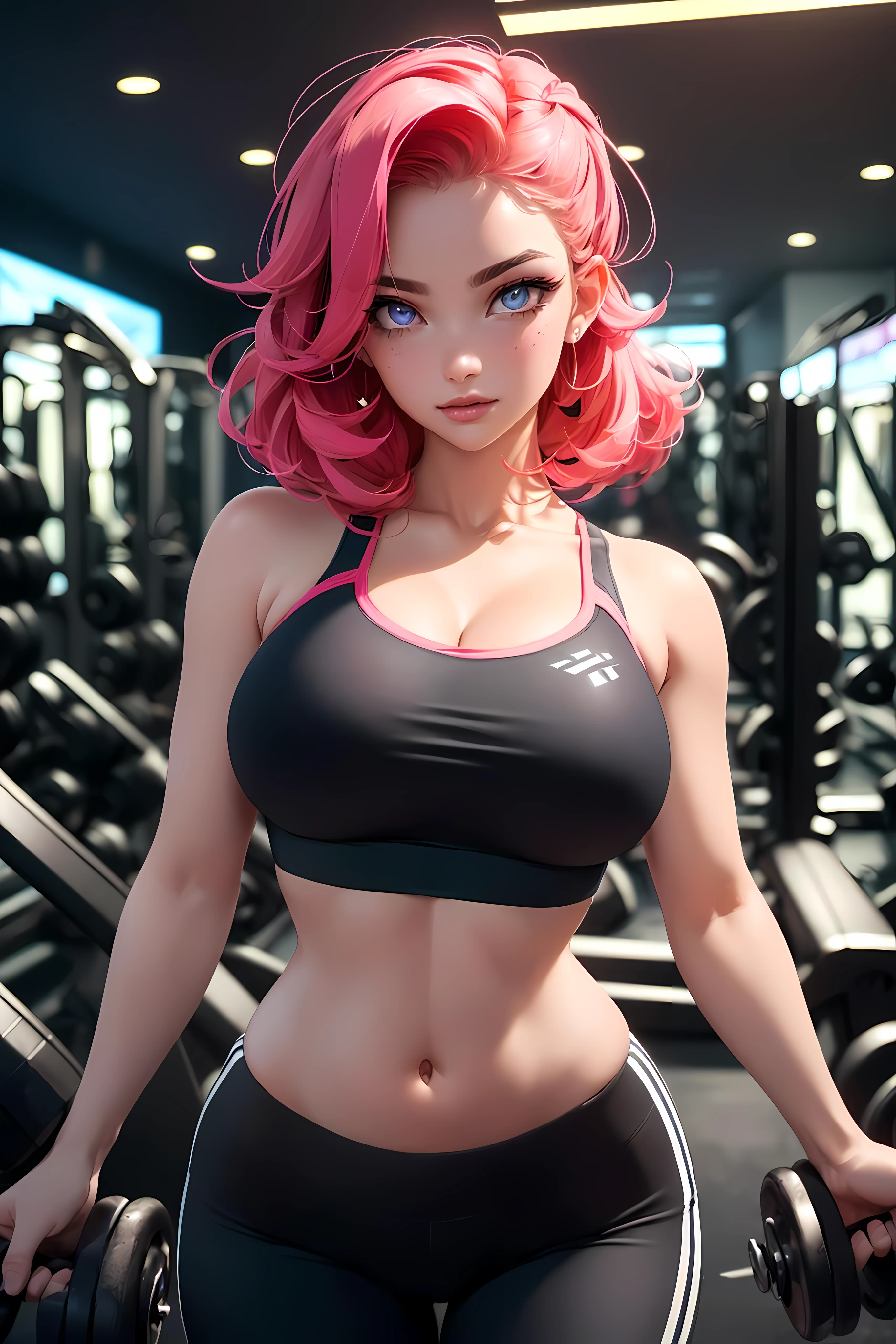 (1girl), ((bralette crop top, workout pants:1.3)), ((medium Breasts, rounded breasts:1.3)), ((accentuated breast, large pelvic, wide hip, midriff, narrow waist, curvy waist:1.2)), ((slim, skinny waist:1.4)), modern hairstyle, colour streaked hair, highlights, seductress, tempting, smug face, ((sexy poses:1.3)), ((wide hips, groin)), ((huge pelvic)),
masterpiece, best quality, realistic, ultra highres, depth of field, (full dual colour neon lighting:1.2), (detailed face:1.2), (detailed eyes:1.2), (detailed background:1.2), (fitness club:1.2) (masterpiece:1.2), (ultra detailed), (best quality), intricate, comprehensive cinematic, magical photography, (gradients), colorful, detailed landscape, visual key, shiny skin,