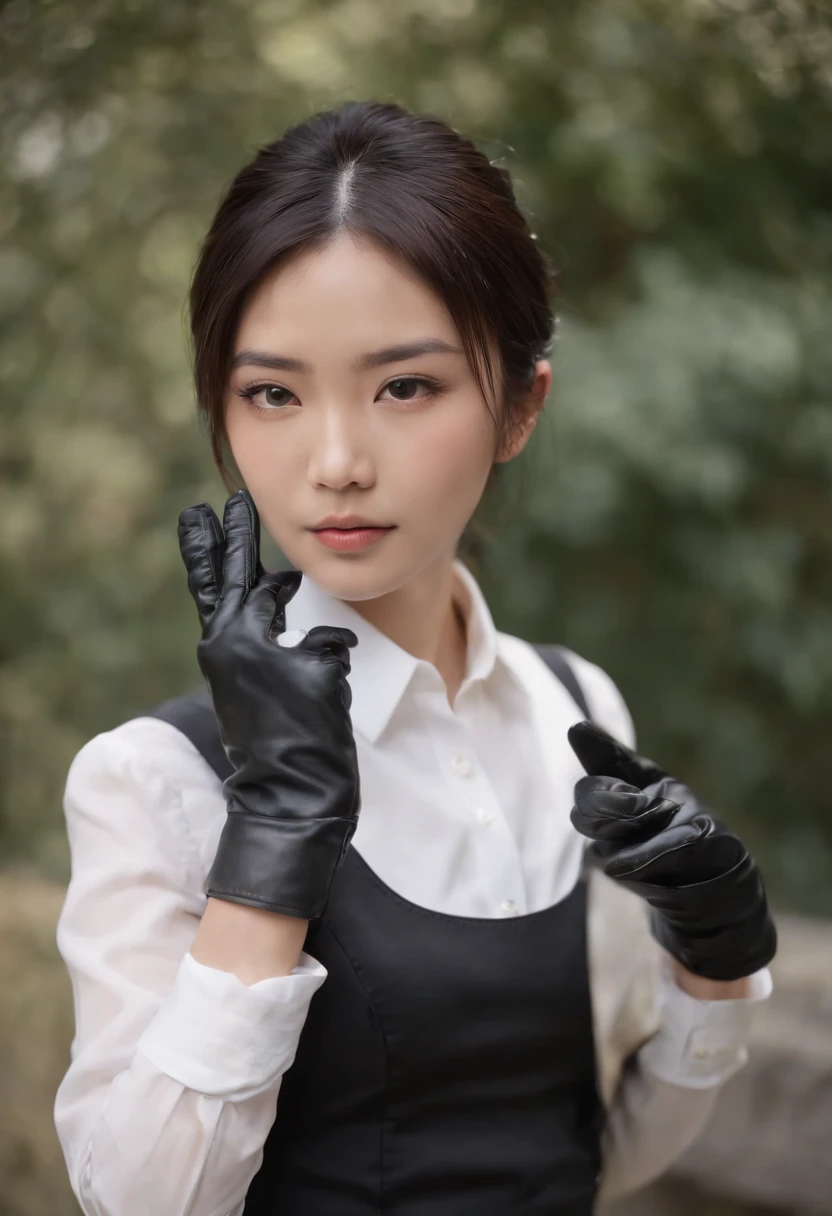 Japanese girl wearing a black three-piece suit up to men's shirt, black leather gloves in both hands, black hair ponytail