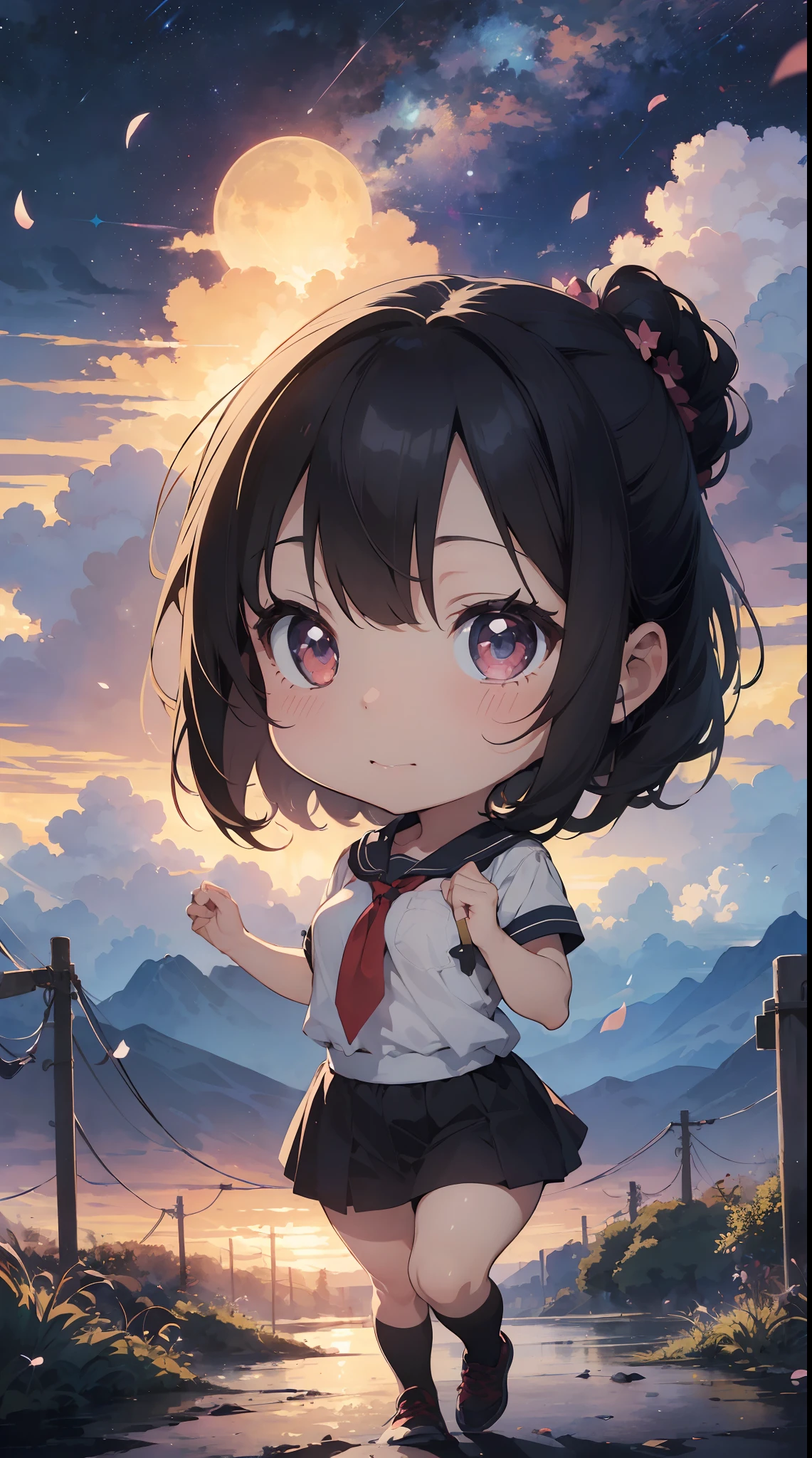 (mystical:1.4), Cosmos Field、(cosmos:1.5) (1girl in, Solo:1.4), Cute, (Chibi:1.6),Detailed small breasts, Raise your left hand、Rising Sun rains down on her left hand in a fantastic scene、A fantastic pre-beat where strong winds materialize all over the area and cosmos petals soar、Visual effects that make her spot beautiful、 ((Writing line transparency Highest quality Best work Concept art.))、Beautiful illustration, pastel color, Illustration style, Realistic skin feeling, Realistic materials、watercolor paiting, A background with detail, three-dimensionality and depth