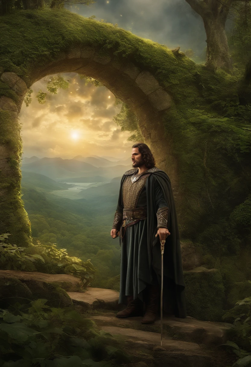 uma pintura de um homem, Estilo Henry Cavill, Um mago((feiticeiro)), ((magica)), ((mago)), ajoelhado com um livro aberto e luzes saindo do livro, segurando um cajado, (((tiro de corpo inteiro)), homem de corpo inteiro, ((in the background Celtic magical forest with thunder)), Deus do Oceano, Luthien, arte de deus, Deus da mitologia grega, o deus Eros, um retrato impressionante de um Deus, Frank Kelly Freas, Estilo Karol Bak, best quality,32k ultra qualidade, qualidade do papel de desfile, imagem do filme, Classic 8K