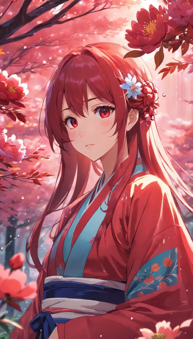 anime girl with long hair and flower in her hair, red color Hanfu，Wearing peony flowers on his head，Beautiful anime artwork, style of anime4 K, Anime art wallpaper 4k,Rainy days，janelas，the woods，Rain drops