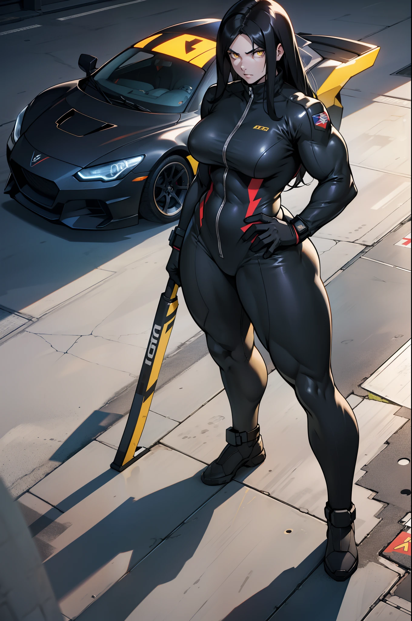 1 girl, black hair, yellow eyes, very long hair, pale skin, ((((extremely muscular)))), large breasts, curvy, concrete, shadow, dark atmosphere, (pilot suit)