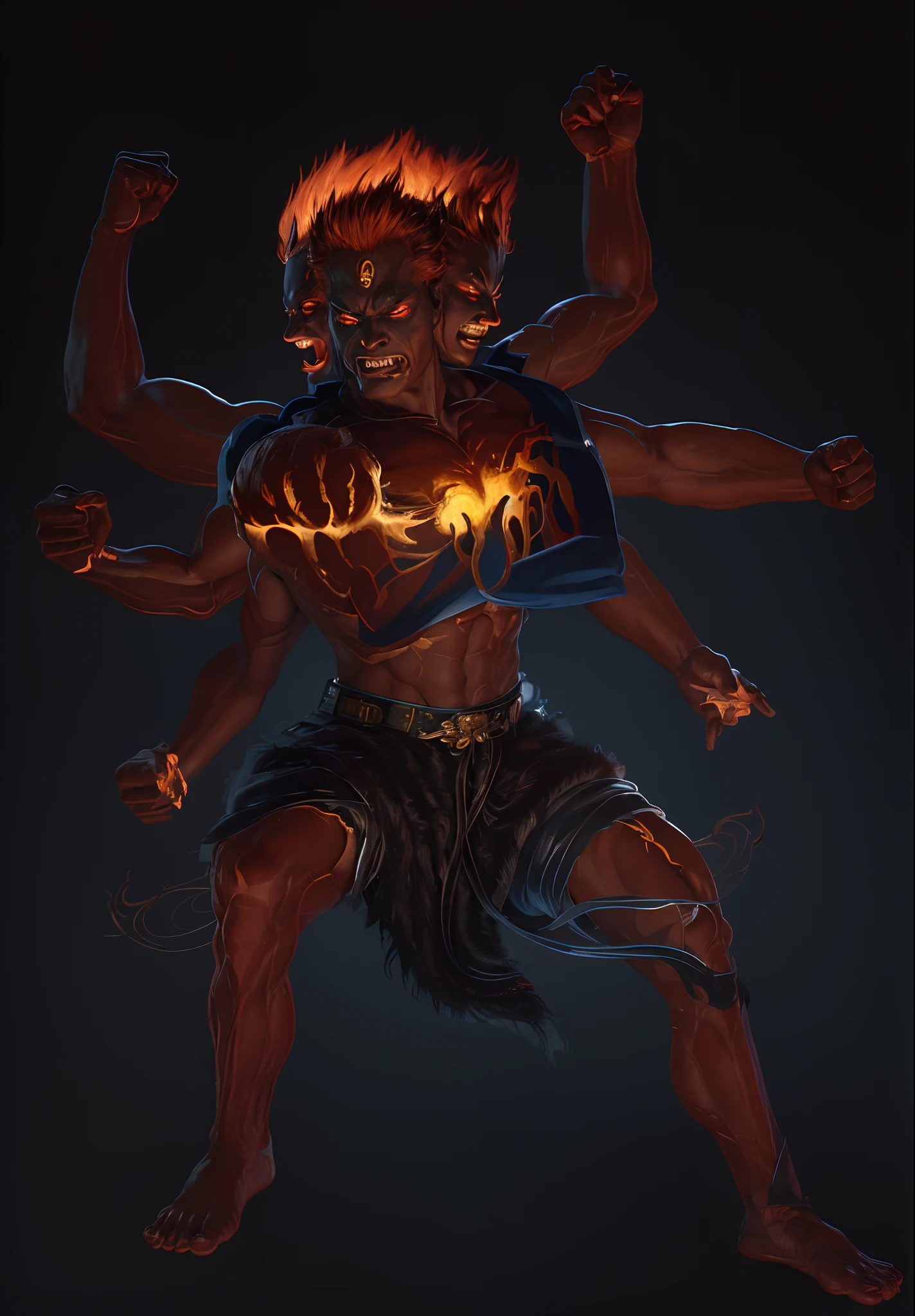 best qualtiy,tmasterpiece,超高分辨率,(Fidelity:1.4),RAW photogr,young handsome male,Facial hair,Flame hair,redheadwear,Avatar,Dark blue skin,Dark blue all over,offcial art, (Extremely detailed Cg Unity 8K wallpaper),Stand in the sky,Pure background, 1 man,(((face))),Young and handsome face,HD face,without a beard,nice hand,Good feet,Vajra Lux,King Ming,(Three-eyed god Yang Jian mythical character),(Three heads and six arms)(Yang Jian has three heads and six arms),Solo, Swarzenegger's muscles, Skirt made of tiger skin,Wear tiger fur,Tiger-like teeth,Zombie teeth,theelementoffire,The fire roared behind him,Hellfire,asura from chinese myth,firemage,by Yang J,holy fire spell art,com um rosto quadrado,oguchi,Strong muscles, (Photorealistic:1.4), (Masterpiece), (Best quality:1.2),Light and shadow tracking,Super HD,theelementoffire,asura from chinese myth,by Yang J,holy fire spell art