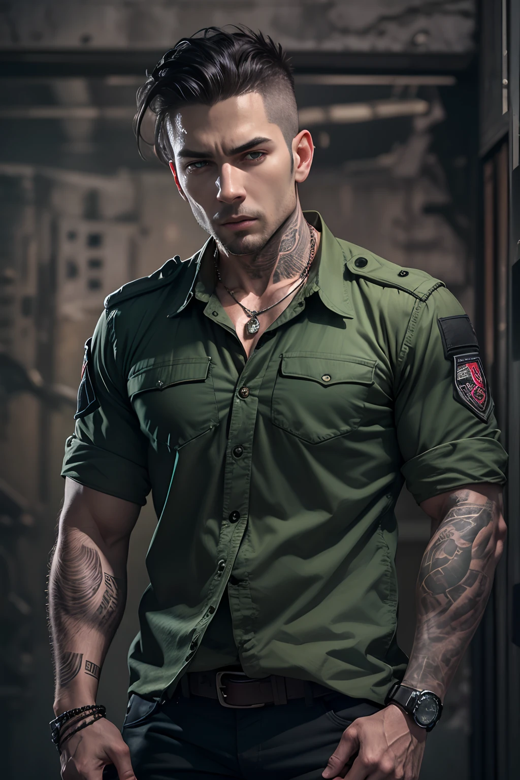 (masterpiece), best quality, highly detailed, ultra-realistic, a white and Asian mixed male with short black hair wearing a military tactical shirt and pants, wearing a unique necklace and holding a tactical knife in his hand, dynamic pose, (inviting expression), (green eyes), (1man in his late 30s), tattoos on arms, dramatic lighting from below, dark and moody background. –Auto –S2