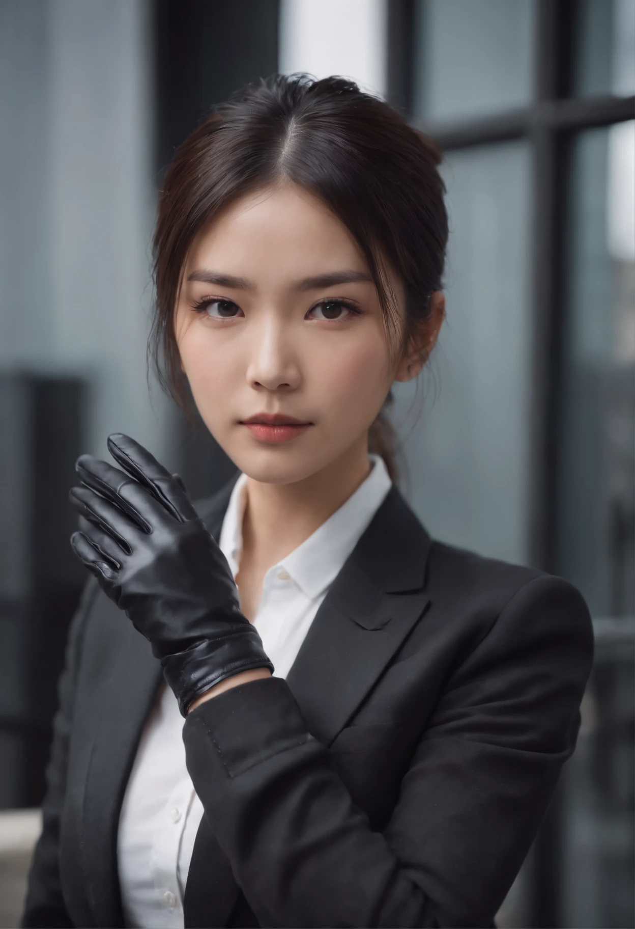 Japanese girl wearing a black three-piece suit up to men's shirt, black leather gloves in both hands, black hair ponytail